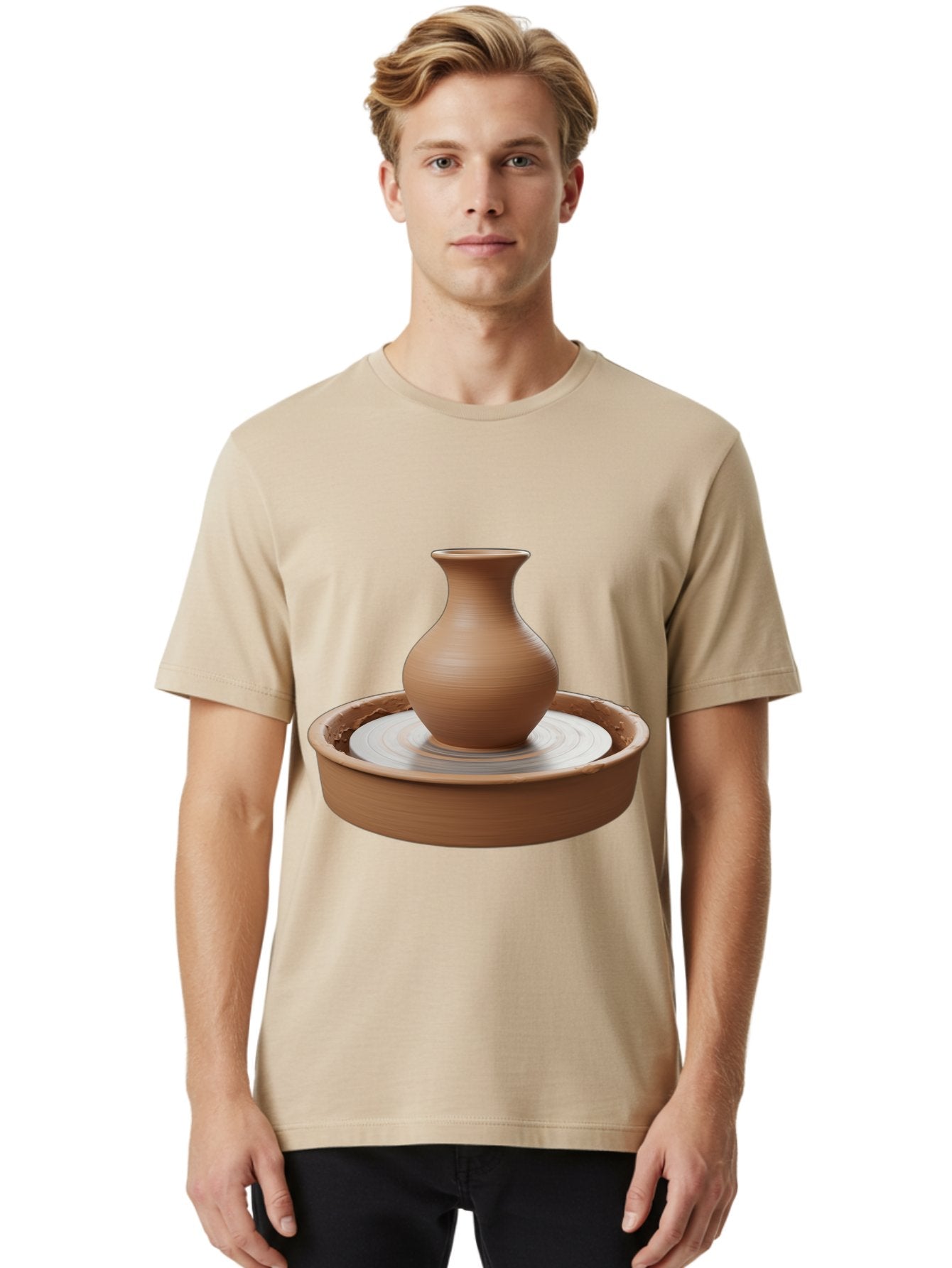 Clay-Vase-On-Pottery-Wheel Men'S Graphic Tee, 100% Cotton, Comfortable Casual Summer Wear, Machine Washable, Pottery Wheel, Clay Vase, Handmade Ceramics, Terra Cotta, Crafting, Artisanal Pottery, Wheel-Thrown Pottery, Ceramic Art, Baa330 30