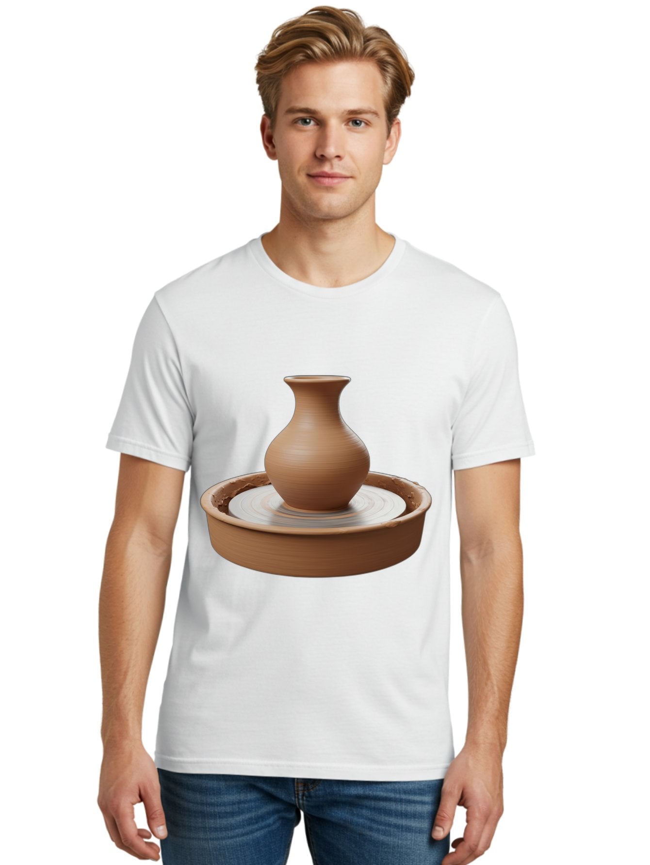 Clay-Vase-On-Pottery-Wheel Men'S Graphic Tee, 100% Cotton, Comfortable Casual Summer Wear, Machine Washable, Pottery Wheel, Clay Vase, Handmade Ceramics, Terra Cotta, Crafting, Artisanal Pottery, Wheel-Thrown Pottery, Ceramic Art, Baa330 23