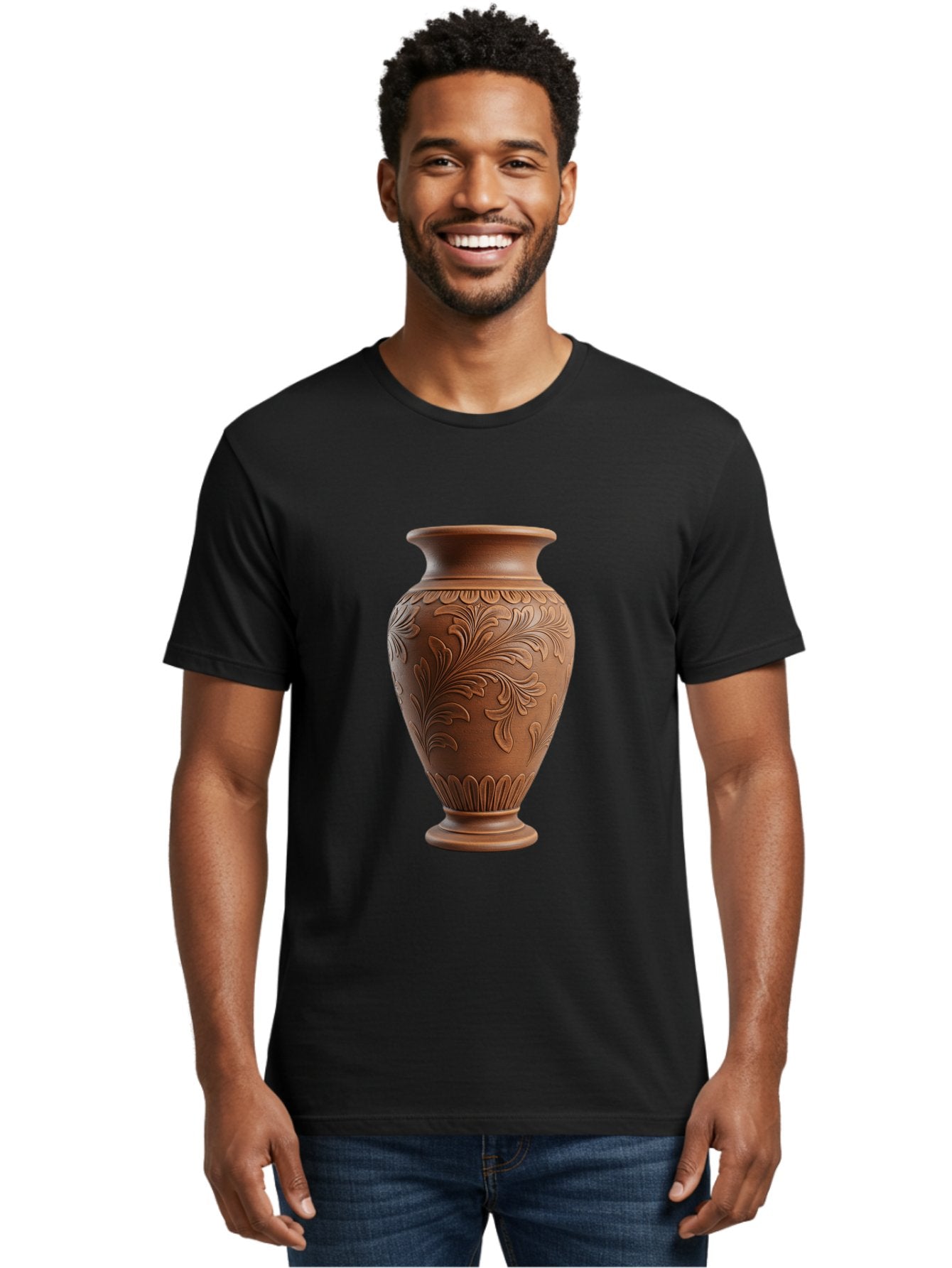 Clay-Vase-With-Floral-Pattern Men'S Graphic Tee, 100% Cotton, Comfortable Casual Summer Wear, Machine Washable, Terracotta Vase, Clay Pottery, Ornate Design, Floral Pattern, Traditional Craftsmanship, Earthy Tones, Vintage Decor, Home Decor, Baa331 27