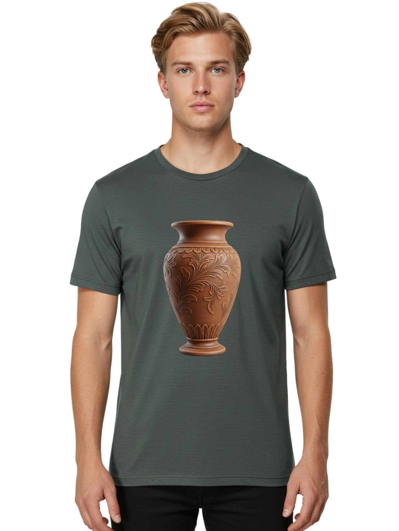Clay-Vase-With-Floral-Pattern Men'S Graphic Tee, 100% Cotton, Comfortable Casual Summer Wear, Machine Washable, Terracotta Vase, Clay Pottery, Ornate Design, Floral Pattern, Traditional Craftsmanship, Earthy Tones, Vintage Decor, Home Decor, Baa331 28