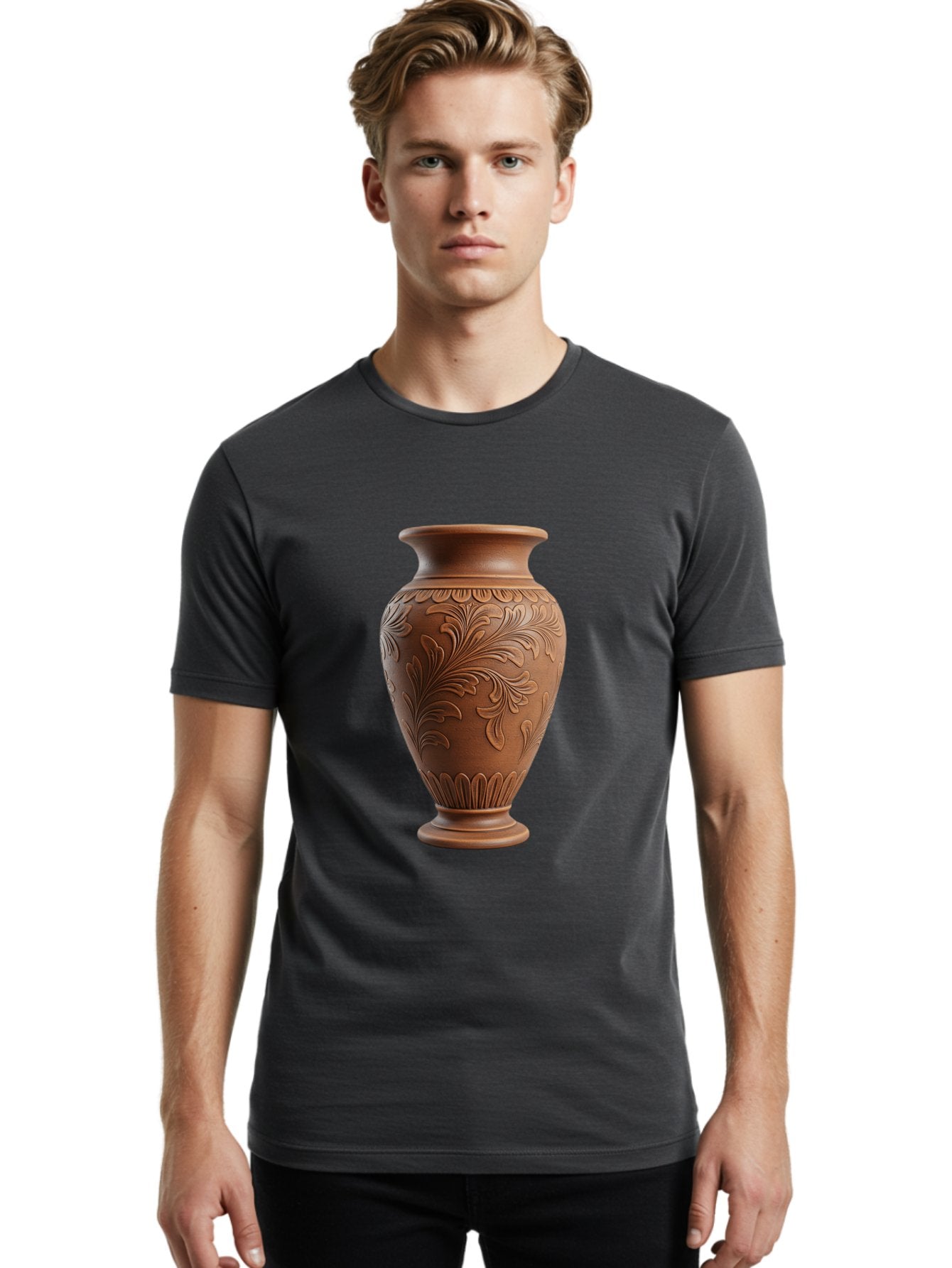 Clay-Vase-With-Floral-Pattern Men'S Graphic Tee, 100% Cotton, Comfortable Casual Summer Wear, Machine Washable, Terracotta Vase, Clay Pottery, Ornate Design, Floral Pattern, Traditional Craftsmanship, Earthy Tones, Vintage Decor, Home Decor, Baa331 25