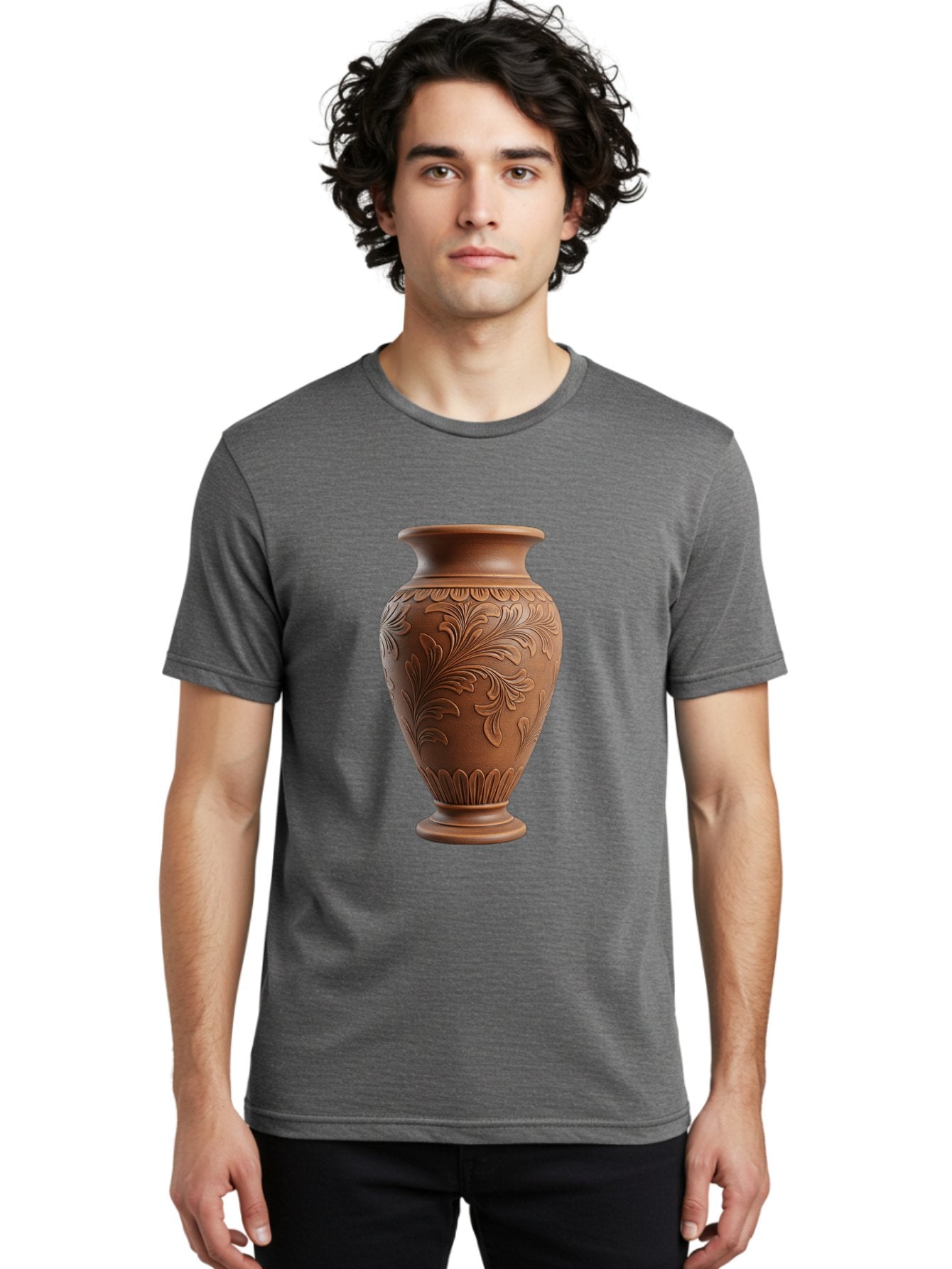 Clay-Vase-With-Floral-Pattern Men'S Graphic Tee, 100% Cotton, Comfortable Casual Summer Wear, Machine Washable, Terracotta Vase, Clay Pottery, Ornate Design, Floral Pattern, Traditional Craftsmanship, Earthy Tones, Vintage Decor, Home Decor, Baa331 21