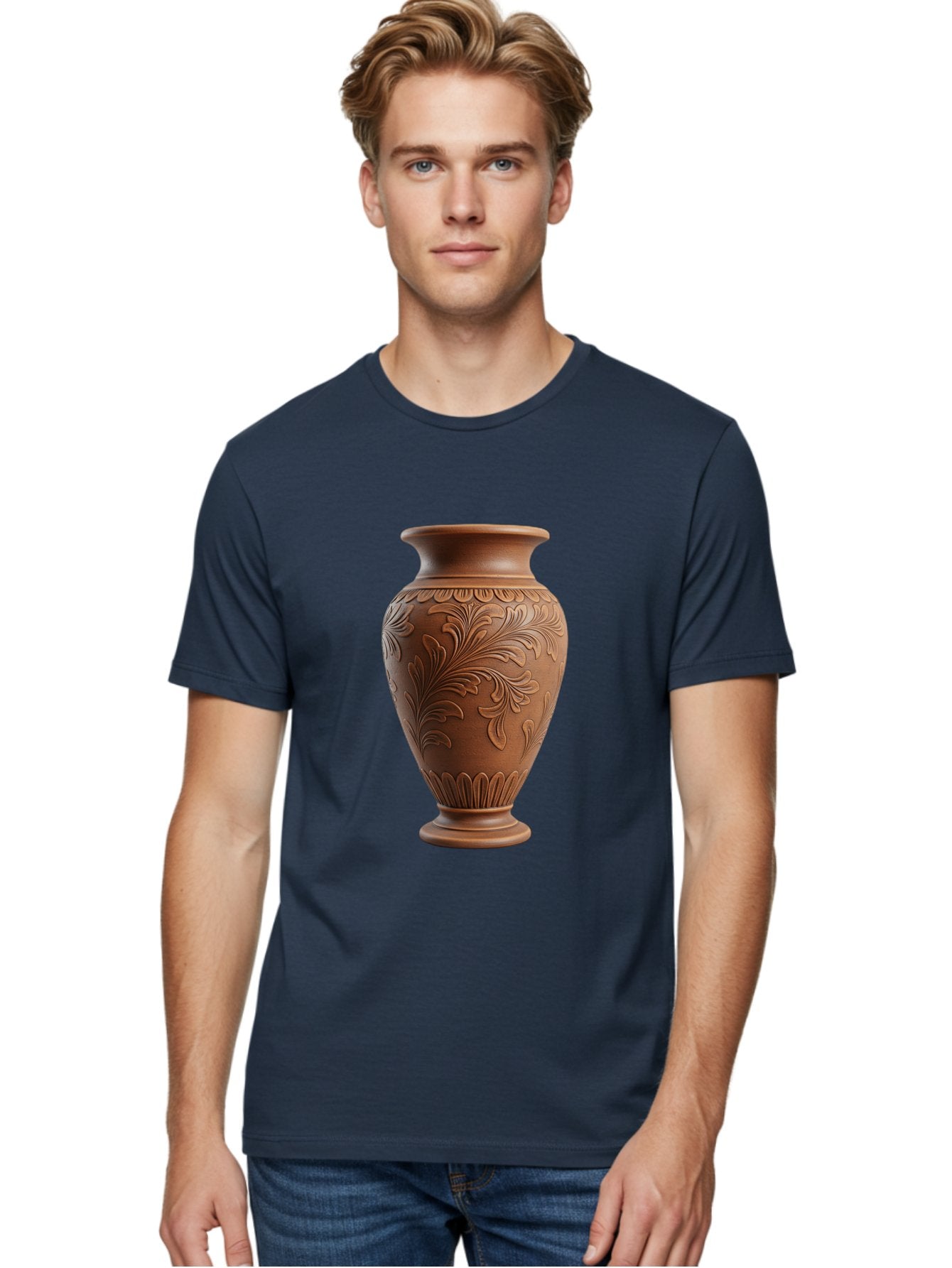 Clay-Vase-With-Floral-Pattern Men'S Graphic Tee, 100% Cotton, Comfortable Casual Summer Wear, Machine Washable, Terracotta Vase, Clay Pottery, Ornate Design, Floral Pattern, Traditional Craftsmanship, Earthy Tones, Vintage Decor, Home Decor, Baa331 22
