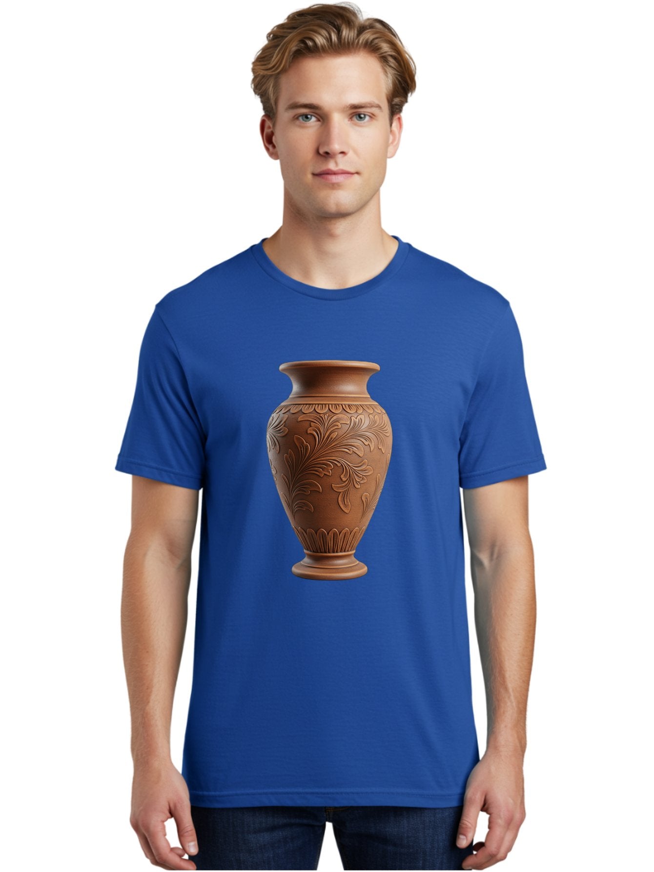 Clay-Vase-With-Floral-Pattern Men'S Graphic Tee, 100% Cotton, Comfortable Casual Summer Wear, Machine Washable, Terracotta Vase, Clay Pottery, Ornate Design, Floral Pattern, Traditional Craftsmanship, Earthy Tones, Vintage Decor, Home Decor, Baa331 20