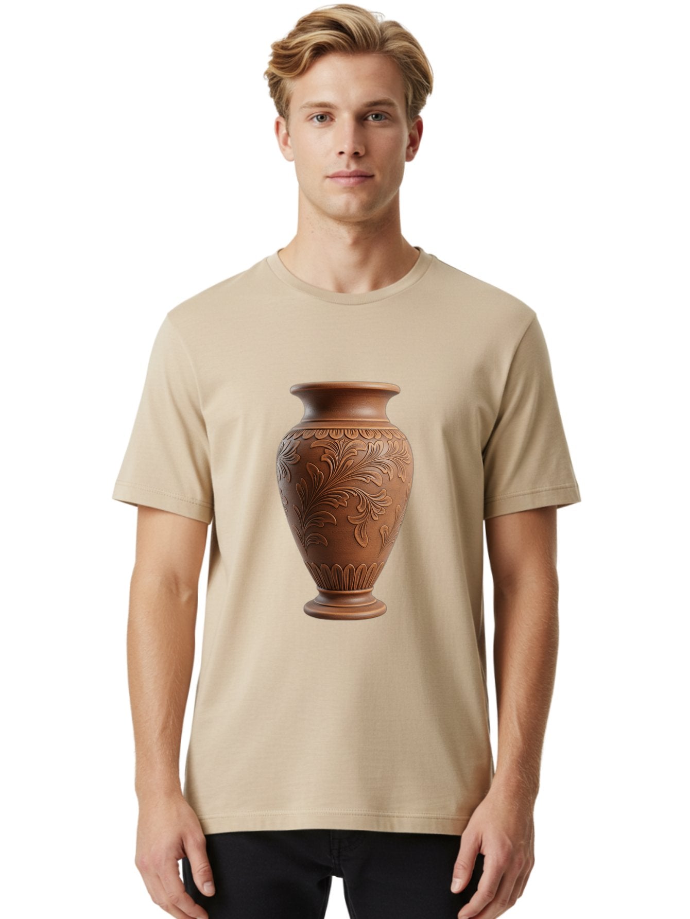 Clay-Vase-With-Floral-Pattern Men'S Graphic Tee, 100% Cotton, Comfortable Casual Summer Wear, Machine Washable, Terracotta Vase, Clay Pottery, Ornate Design, Floral Pattern, Traditional Craftsmanship, Earthy Tones, Vintage Decor, Home Decor, Baa331 16