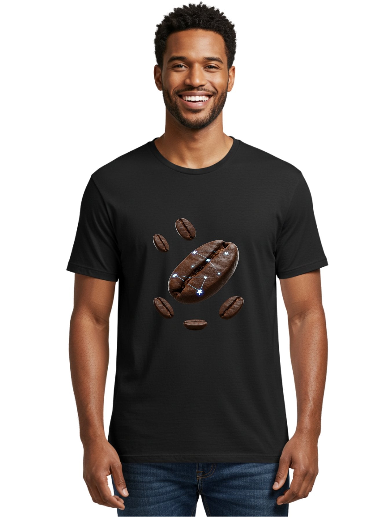 Coffee-Bean-Constellation Men'S Graphic Tee, 100% Cotton, Comfortable Casual Summer Wear, Machine Washable, Coffee Beans, Constellation Pattern, Stars, Creative Design, Surreal Art, Coffee Lover, Unique Artwork, Abstract Illustration, Baa334 20