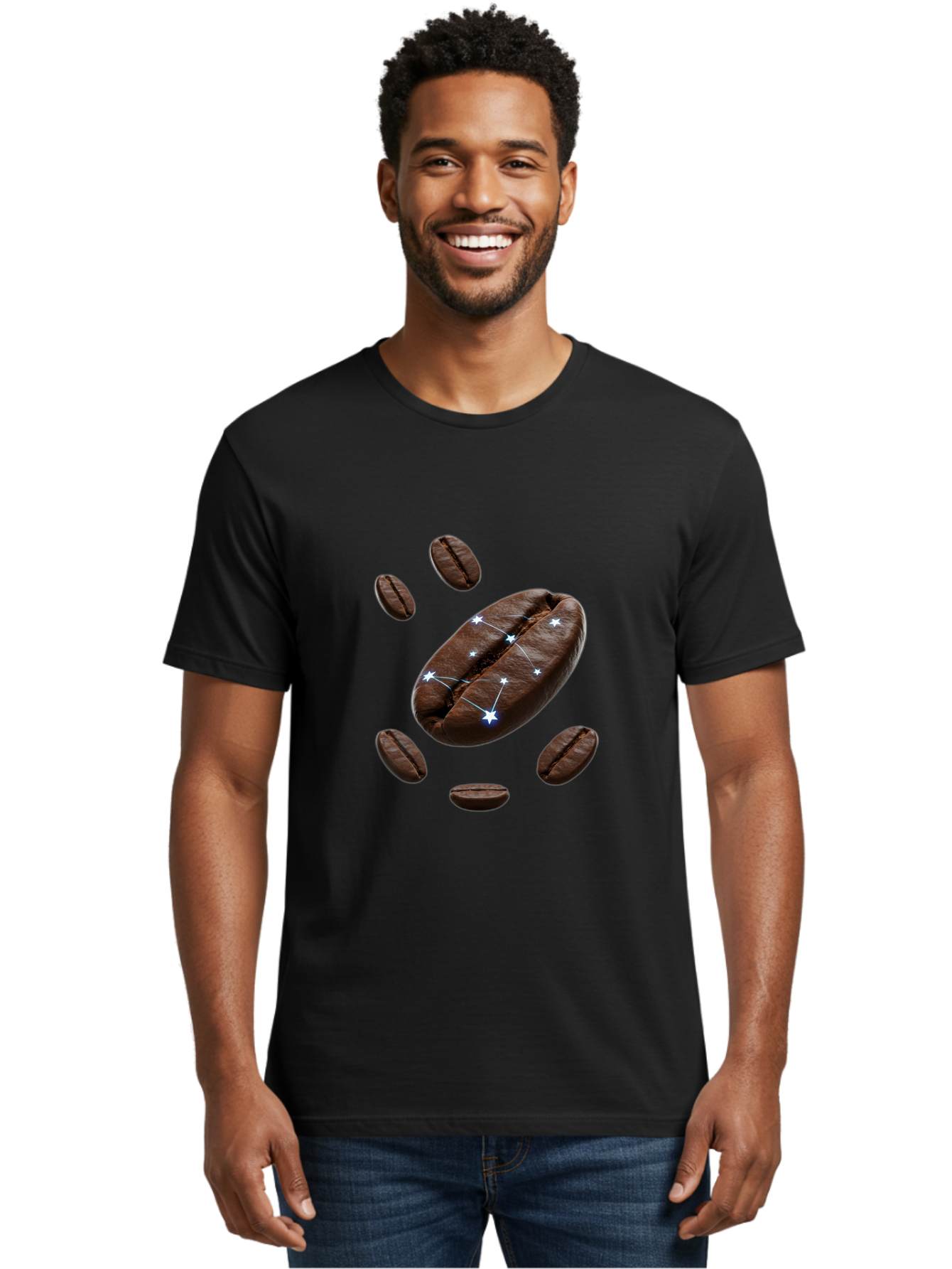 Coffee-Bean-Constellation Men'S Graphic Tee, 100% Cotton, Comfortable Casual Summer Wear, Machine Washable, Coffee Beans, Constellation Pattern, Stars, Creative Design, Surreal Art, Coffee Lover, Unique Artwork, Abstract Illustration, Baa334 30