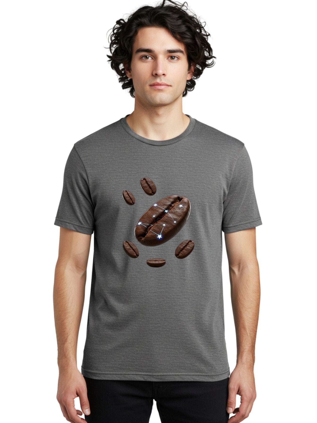 Coffee-Bean-Constellation Men'S Graphic Tee, 100% Cotton, Comfortable Casual Summer Wear, Machine Washable, Coffee Beans, Constellation Pattern, Stars, Creative Design, Surreal Art, Coffee Lover, Unique Artwork, Abstract Illustration, Baa334 23