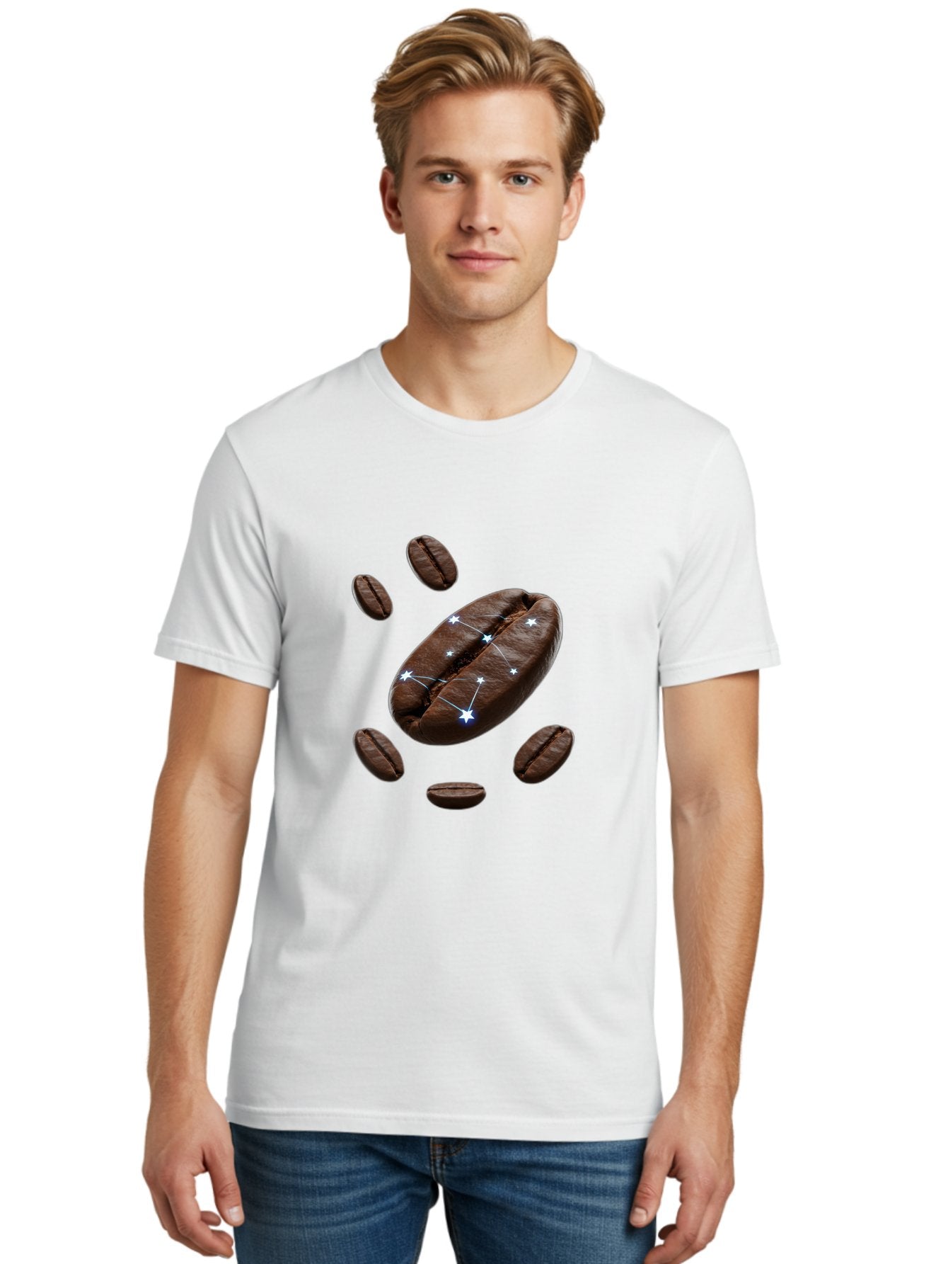 Coffee-Bean-Constellation Men'S Graphic Tee, 100% Cotton, Comfortable Casual Summer Wear, Machine Washable, Coffee Beans, Constellation Pattern, Stars, Creative Design, Surreal Art, Coffee Lover, Unique Artwork, Abstract Illustration, Baa334 25