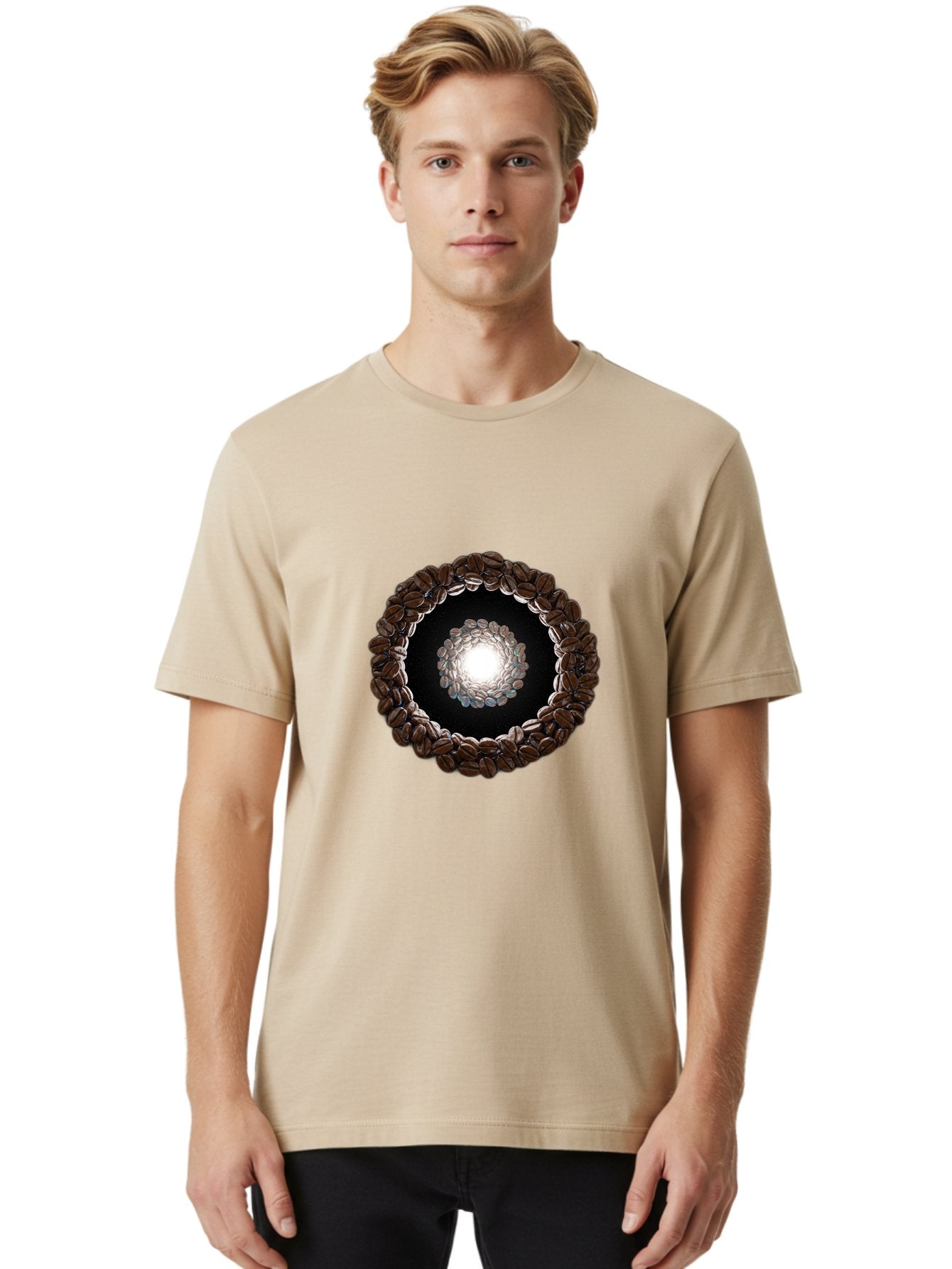 Coffee-Beans-Circle Men'S Graphic Tee, 100% Cotton, Comfortable Casual Summer Wear, Machine Washable, Circle Of Coffee Beans, Coffee Bean Wreath, Gourmet Coffee, Coffee Lover, Coffee Culture, Coffee Art, Bean Arrangement, Symmetrical Design, Baa337 16