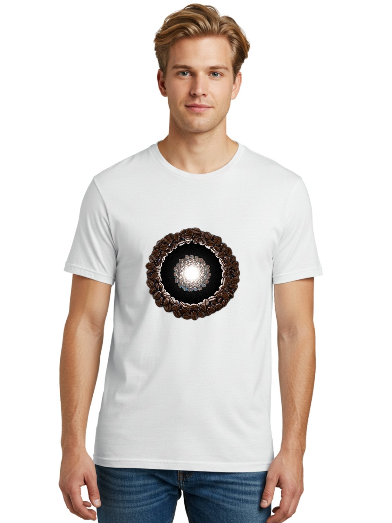 Coffee-Beans-Circle Men'S Graphic Tee, 100% Cotton, Comfortable Casual Summer Wear, Machine Washable, Circle Of Coffee Beans, Coffee Bean Wreath, Gourmet Coffee, Coffee Lover, Coffee Culture, Coffee Art, Bean Arrangement, Symmetrical Design, Baa337 18