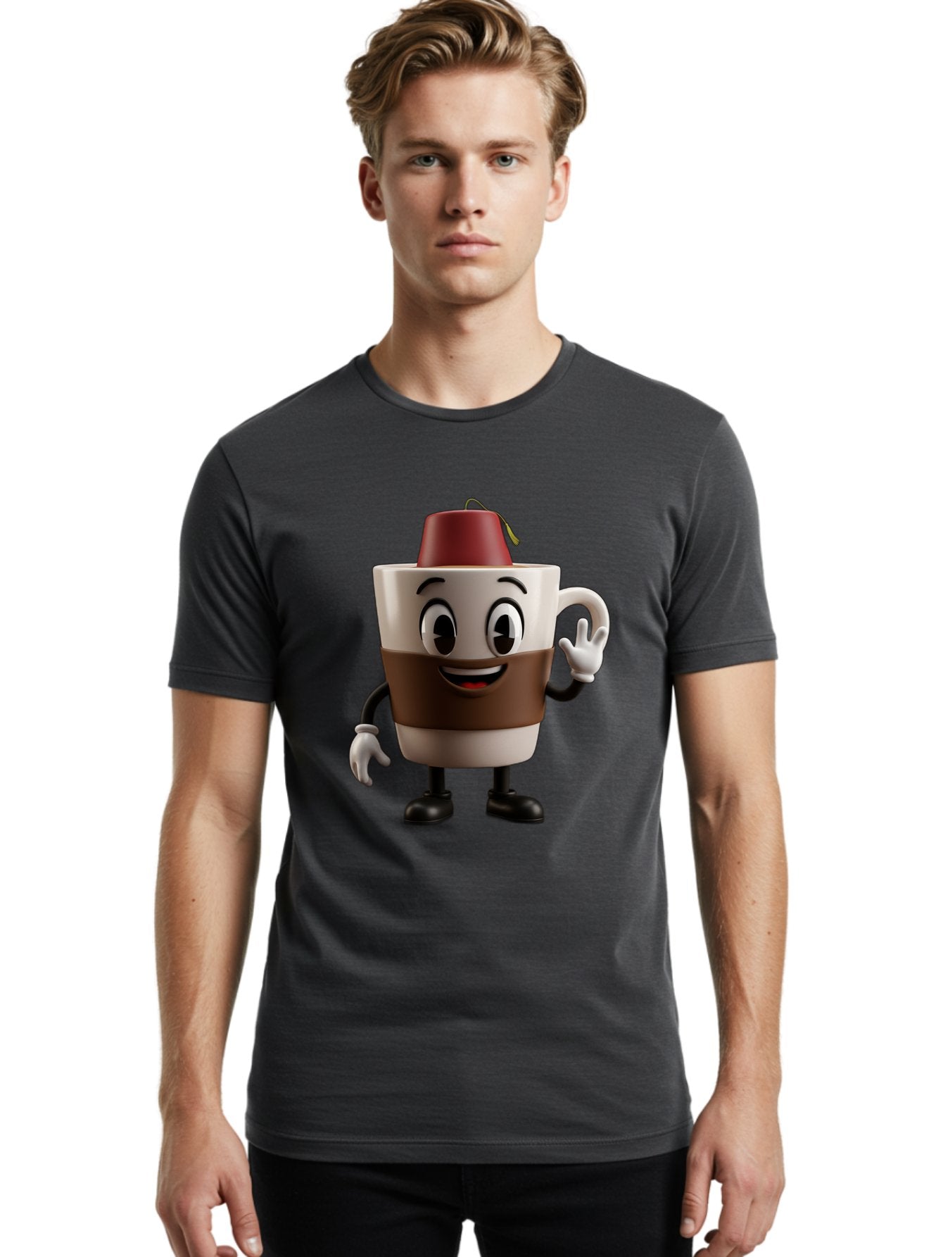 Coffee-Cup-1 Men'S Graphic Tee, 100% Cotton, Comfortable Casual Summer Wear, Machine Washable, Cartoon Coffee Mug, Coffee Character, Smiling Mug, Tea Bag On Top, Waving Hand, Friendly Beverage, Animated Coffee, Cute Drink, Coffee Culture, Baa343 17