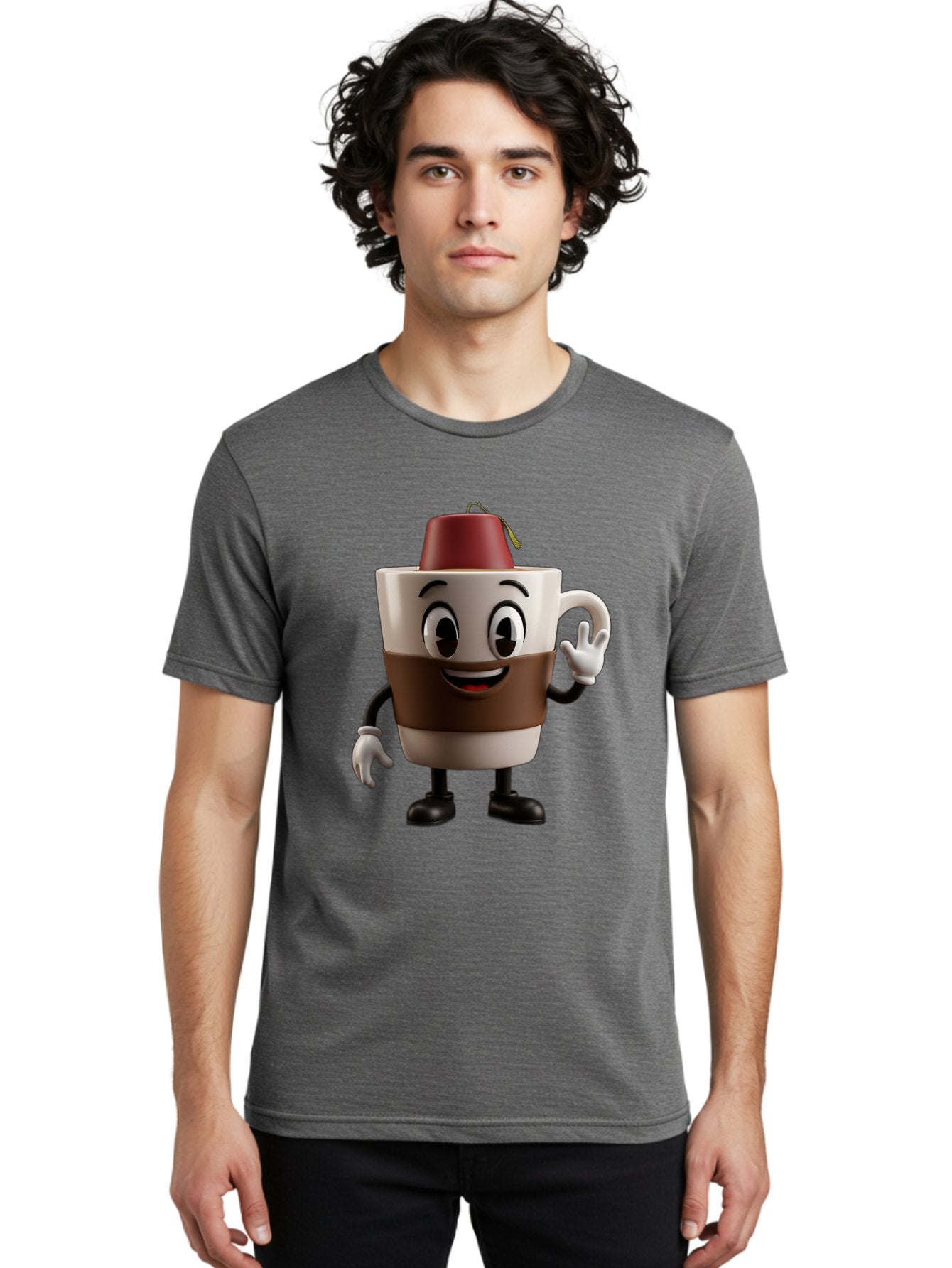 Coffee-Cup-1 Men'S Graphic Tee, 100% Cotton, Comfortable Casual Summer Wear, Machine Washable, Cartoon Coffee Mug, Coffee Character, Smiling Mug, Tea Bag On Top, Waving Hand, Friendly Beverage, Animated Coffee, Cute Drink, Coffee Culture, Baa343 20