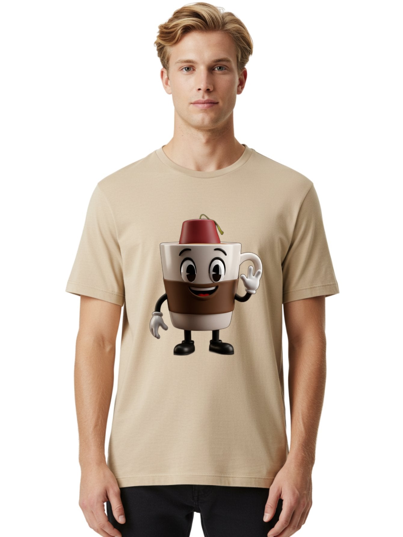 Coffee-Cup-1 Men'S Graphic Tee, 100% Cotton, Comfortable Casual Summer Wear, Machine Washable, Cartoon Coffee Mug, Coffee Character, Smiling Mug, Tea Bag On Top, Waving Hand, Friendly Beverage, Animated Coffee, Cute Drink, Coffee Culture, Baa343 27