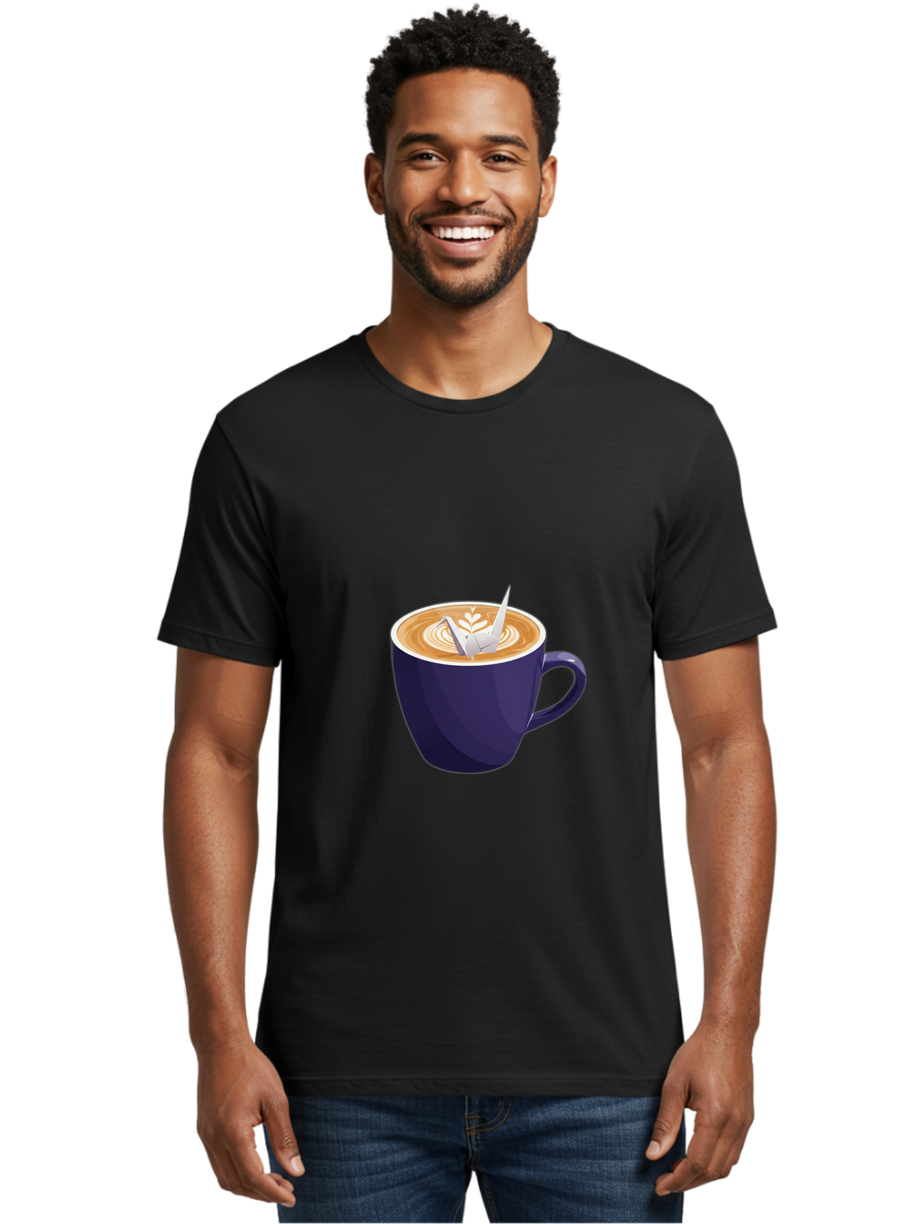 Coffee-Cup-12 Men'S Graphic Tee, 100% Cotton, Comfortable Casual Summer Wear, Machine Washable, Coffee Latte, Cappuccino Art, Espresso Drink, Dark Blue Cup, White Foam, Leaf Design, Coffee Culture, Morning Routine, Beverage Illustration, Baa346 8