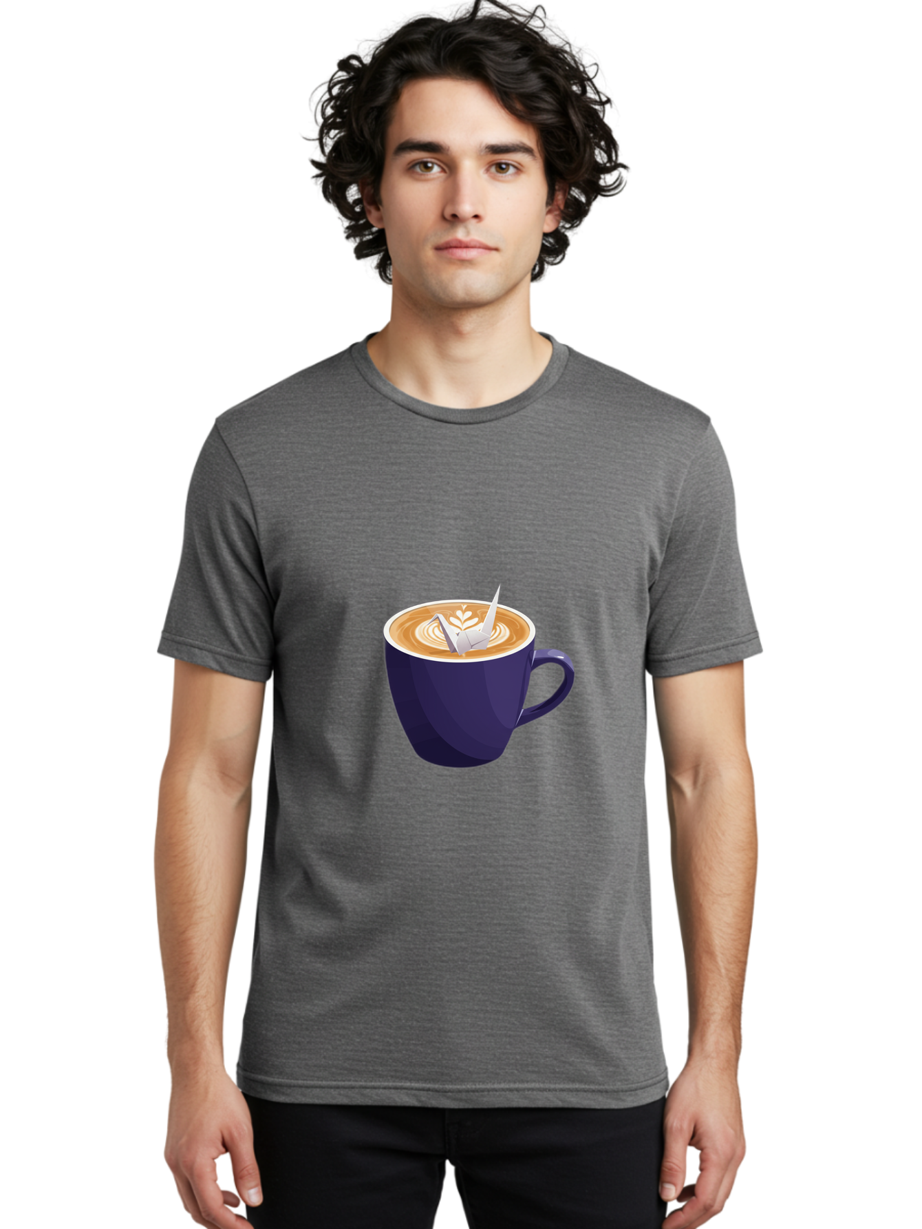 Coffee-Cup-12 Men'S Graphic Tee, 100% Cotton, Comfortable Casual Summer Wear, Machine Washable, Coffee Latte, Cappuccino Art, Espresso Drink, Dark Blue Cup, White Foam, Leaf Design, Coffee Culture, Morning Routine, Beverage Illustration, Baa346 24