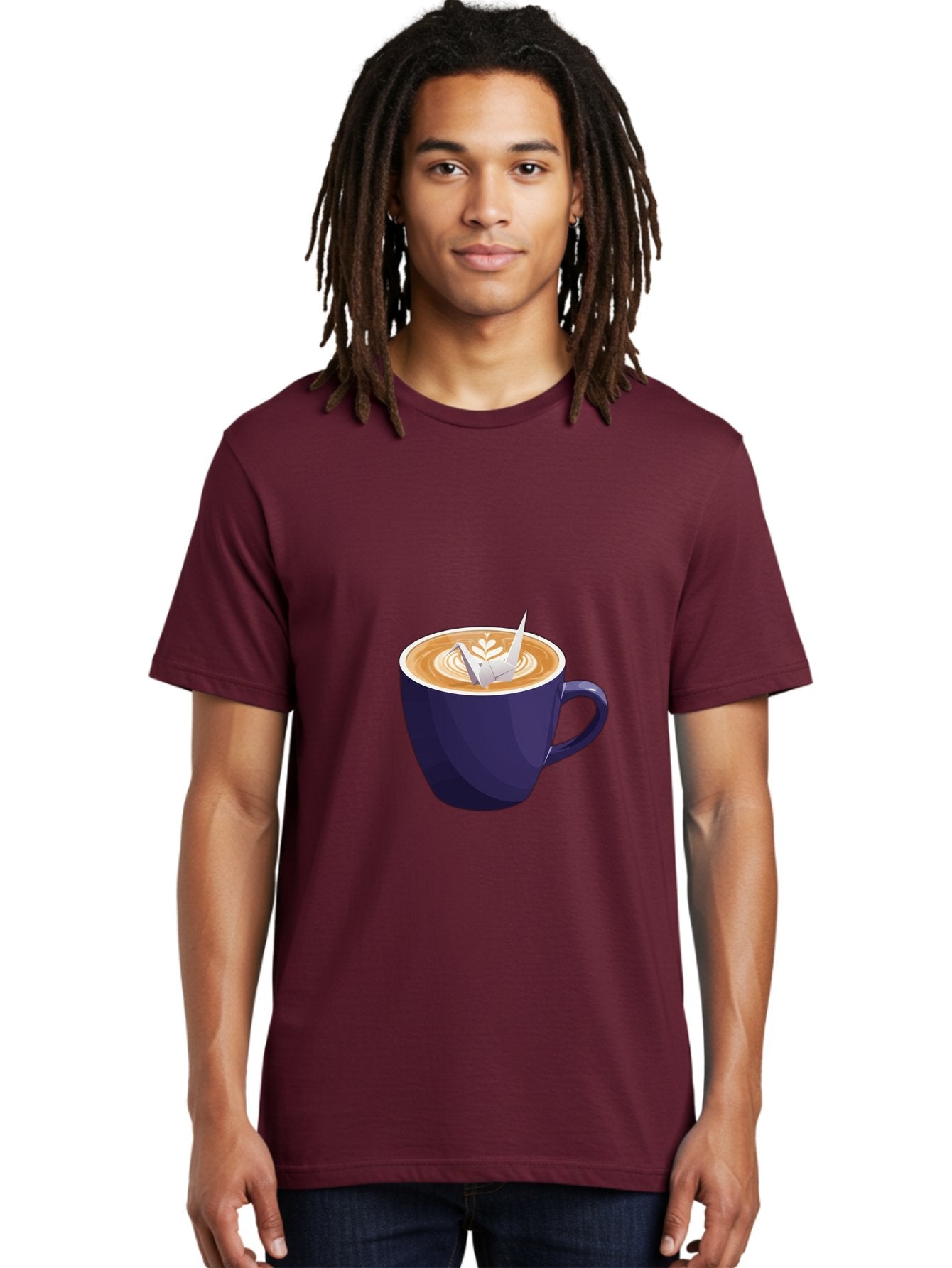 Coffee-Cup-12 Men'S Graphic Tee, 100% Cotton, Comfortable Casual Summer Wear, Machine Washable, Coffee Latte, Cappuccino Art, Espresso Drink, Dark Blue Cup, White Foam, Leaf Design, Coffee Culture, Morning Routine, Beverage Illustration, Baa346 23