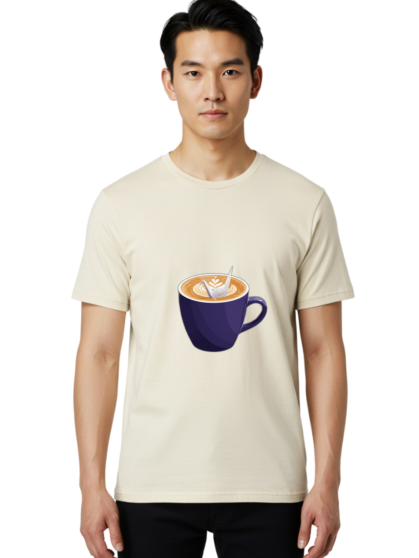Coffee-Cup-12 Men'S Graphic Tee, 100% Cotton, Comfortable Casual Summer Wear, Machine Washable, Coffee Latte, Cappuccino Art, Espresso Drink, Dark Blue Cup, White Foam, Leaf Design, Coffee Culture, Morning Routine, Beverage Illustration, Baa346 28