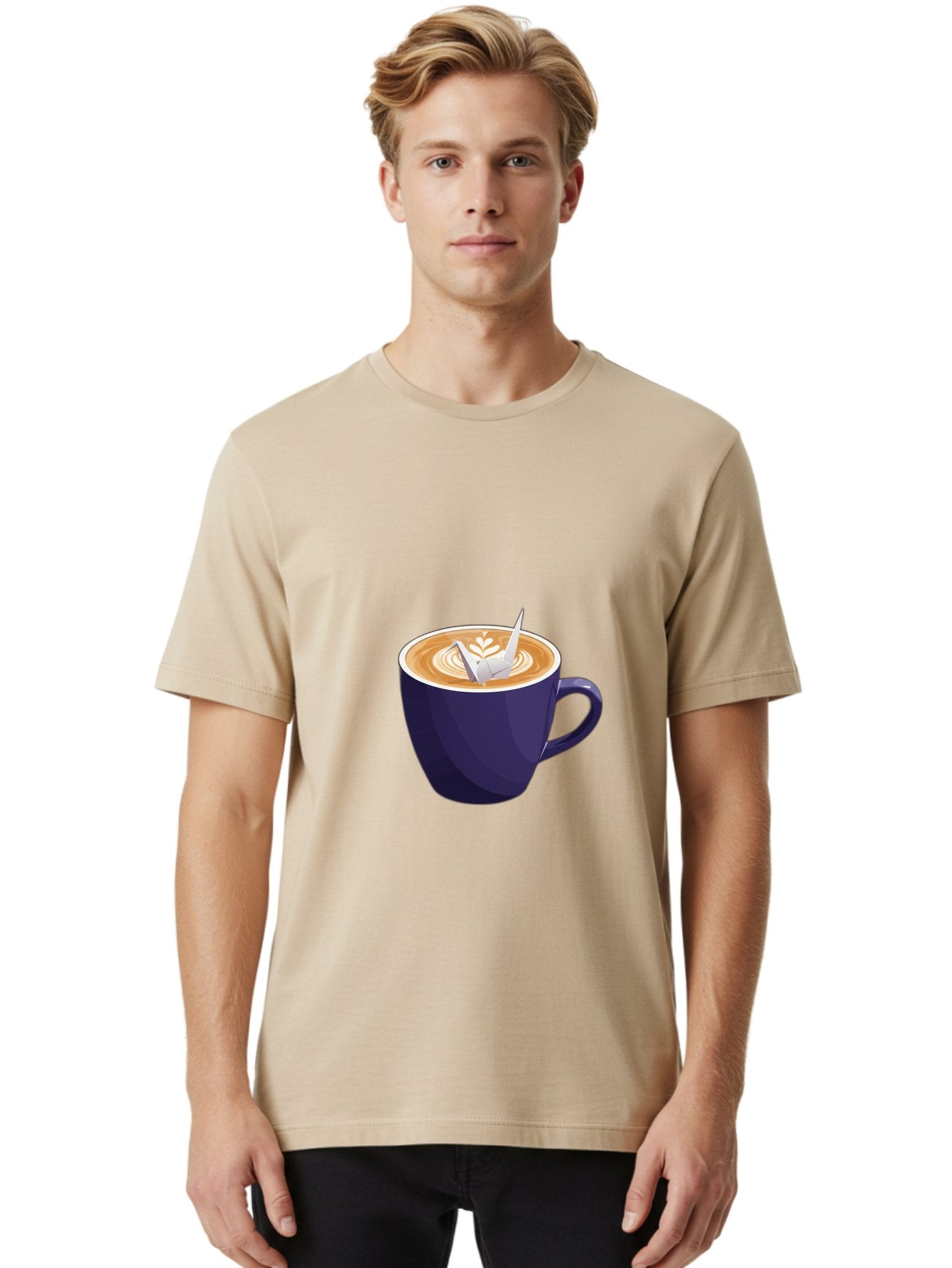 Coffee-Cup-12 Men'S Graphic Tee, 100% Cotton, Comfortable Casual Summer Wear, Machine Washable, Coffee Latte, Cappuccino Art, Espresso Drink, Dark Blue Cup, White Foam, Leaf Design, Coffee Culture, Morning Routine, Beverage Illustration, Baa346 21
