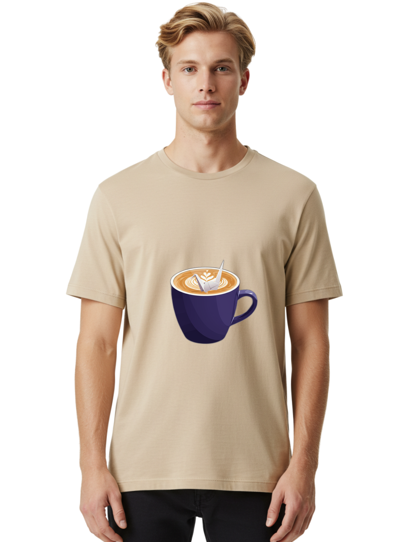 Coffee-Cup-12 Men'S Graphic Tee, 100% Cotton, Comfortable Casual Summer Wear, Machine Washable, Coffee Latte, Cappuccino Art, Espresso Drink, Dark Blue Cup, White Foam, Leaf Design, Coffee Culture, Morning Routine, Beverage Illustration, Baa346 20