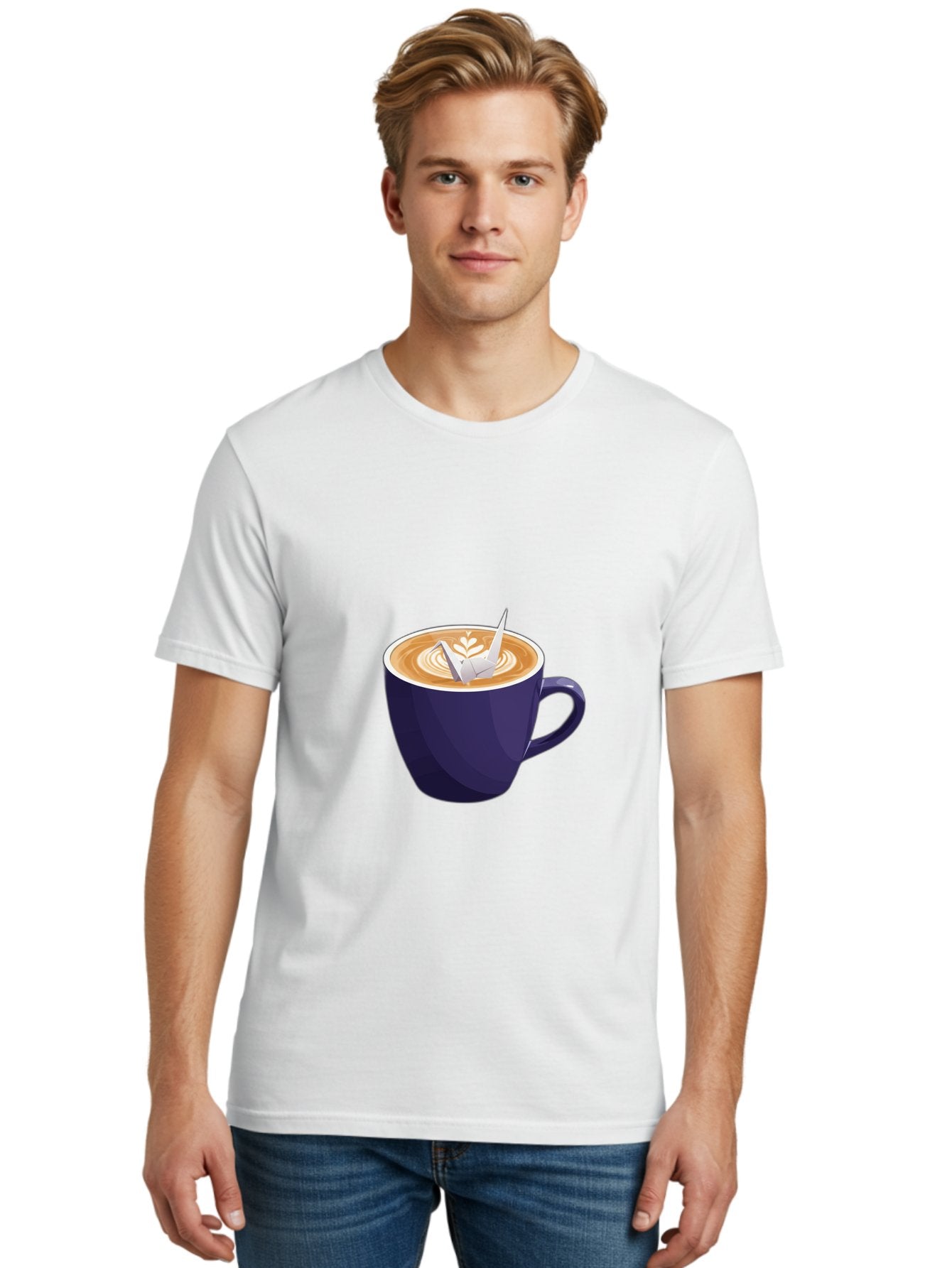Coffee-Cup-12 Men'S Graphic Tee, 100% Cotton, Comfortable Casual Summer Wear, Machine Washable, Coffee Latte, Cappuccino Art, Espresso Drink, Dark Blue Cup, White Foam, Leaf Design, Coffee Culture, Morning Routine, Beverage Illustration, Baa346 24