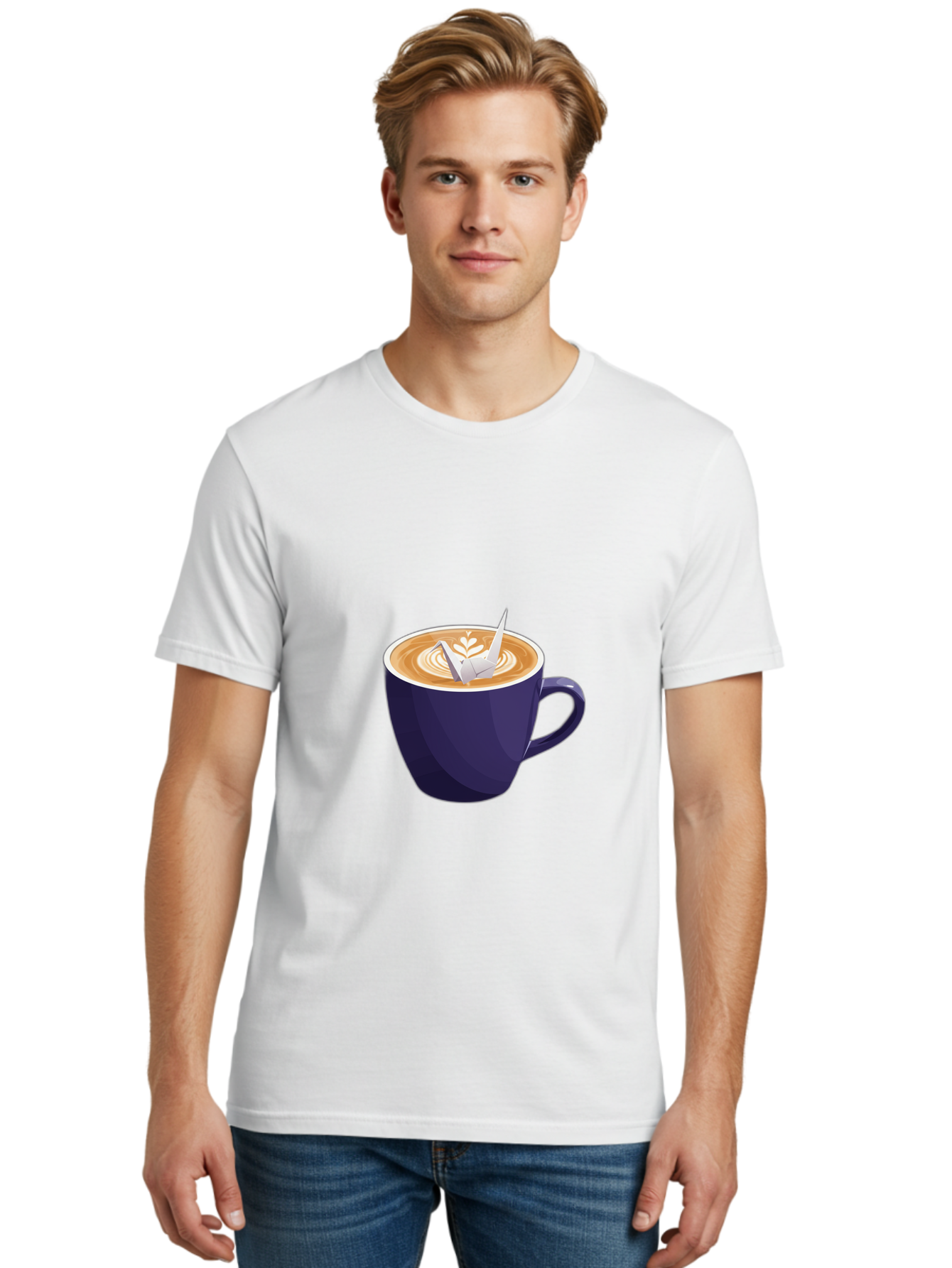 Coffee-Cup-12 Men'S Graphic Tee, 100% Cotton, Comfortable Casual Summer Wear, Machine Washable, Coffee Latte, Cappuccino Art, Espresso Drink, Dark Blue Cup, White Foam, Leaf Design, Coffee Culture, Morning Routine, Beverage Illustration, Baa346 14