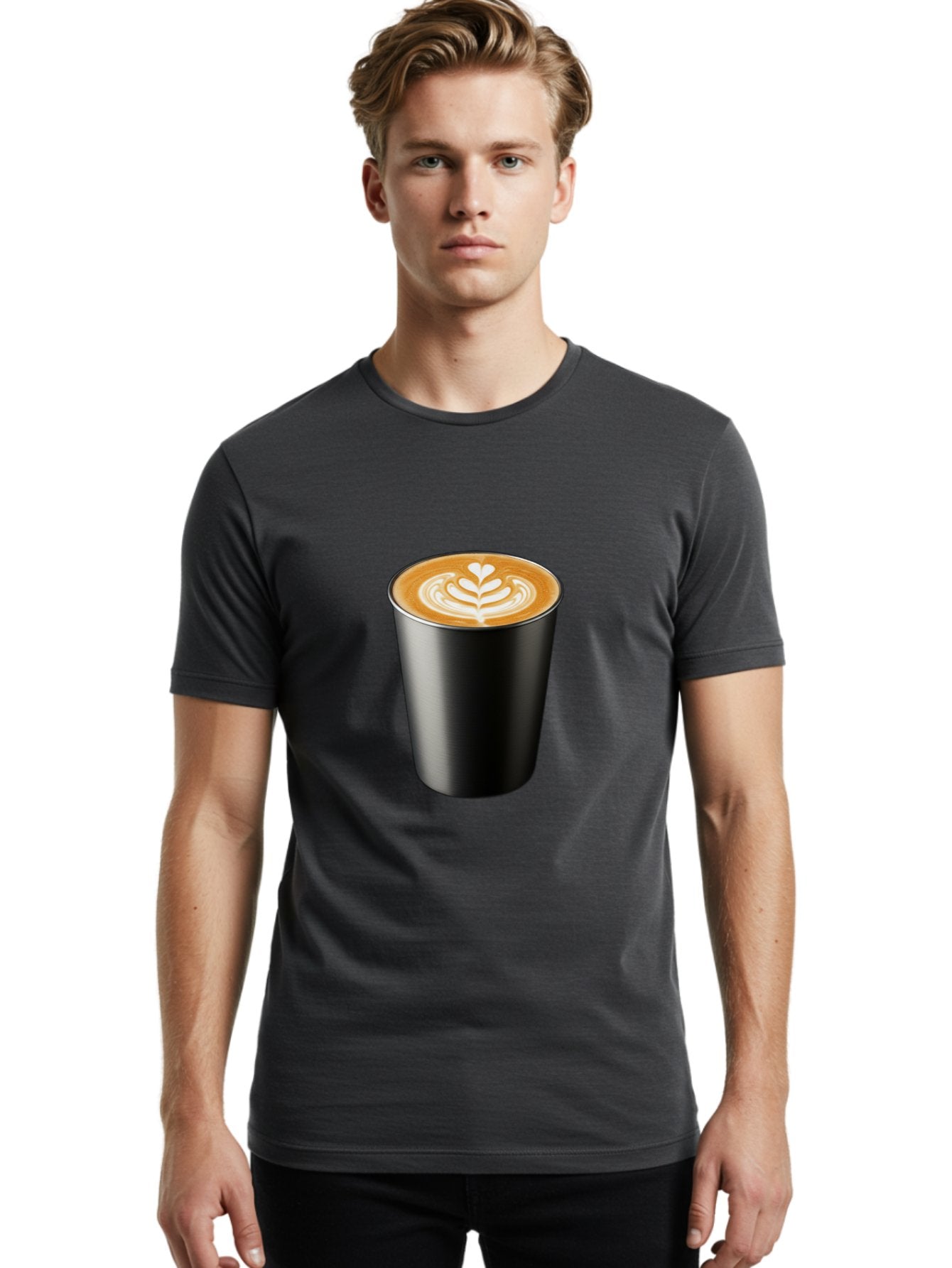 Coffee-Cup-15 Men'S Graphic Tee, 100% Cotton, Comfortable Casual Summer Wear, Machine Washable, Coffee Cup, Black Cup, Latte Art, Espresso, Coffee Drink, Heart Design, White Foam, Takeaway Coffee, Coffee Culture Baa349 23
