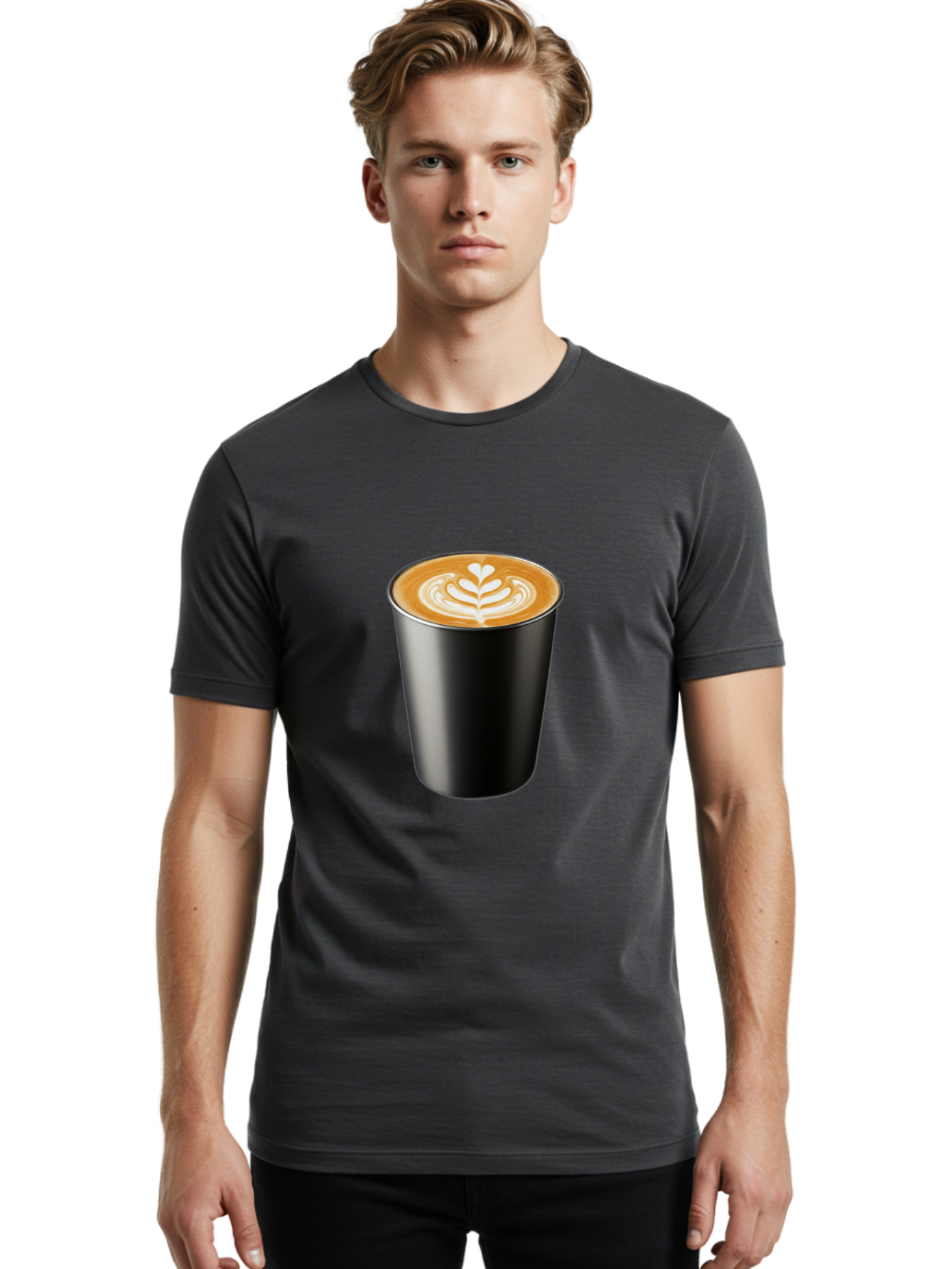 Coffee-Cup-15 Men'S Graphic Tee, 100% Cotton, Comfortable Casual Summer Wear, Machine Washable, Coffee Cup, Black Cup, Latte Art, Espresso, Coffee Drink, Heart Design, White Foam, Takeaway Coffee, Coffee Culture Baa349 16