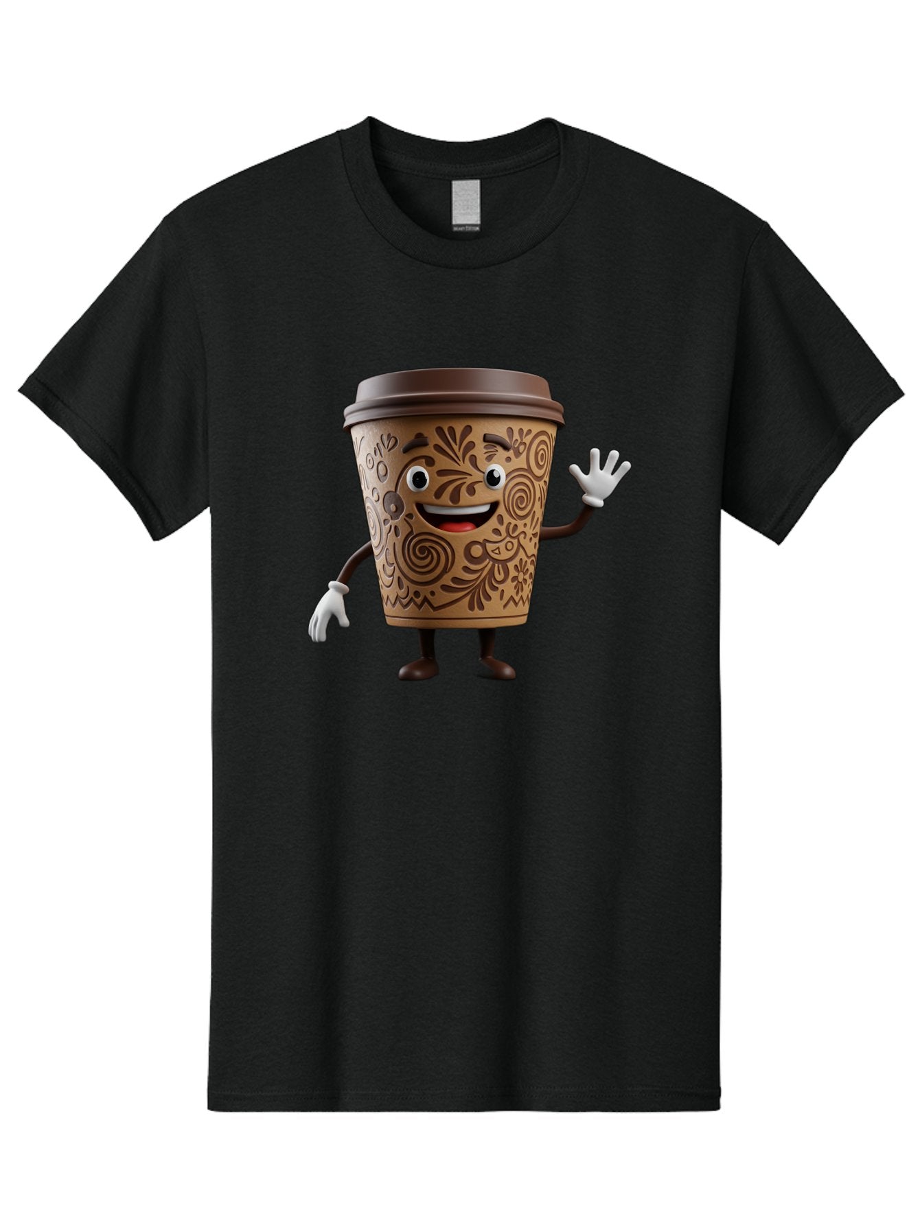 Coffee-Cup-3 Men'S Graphic Tee, 100% Cotton, Comfortable Casual Summer Wear, Machine Washable, Cartoon Coffee Cup, Anthropomorphic Design, Waving Gesture, Floral Patterns, Friendly Face, Coffee Culture, Morning Pick-Me-Up, Coffee Lover, Baa353 5