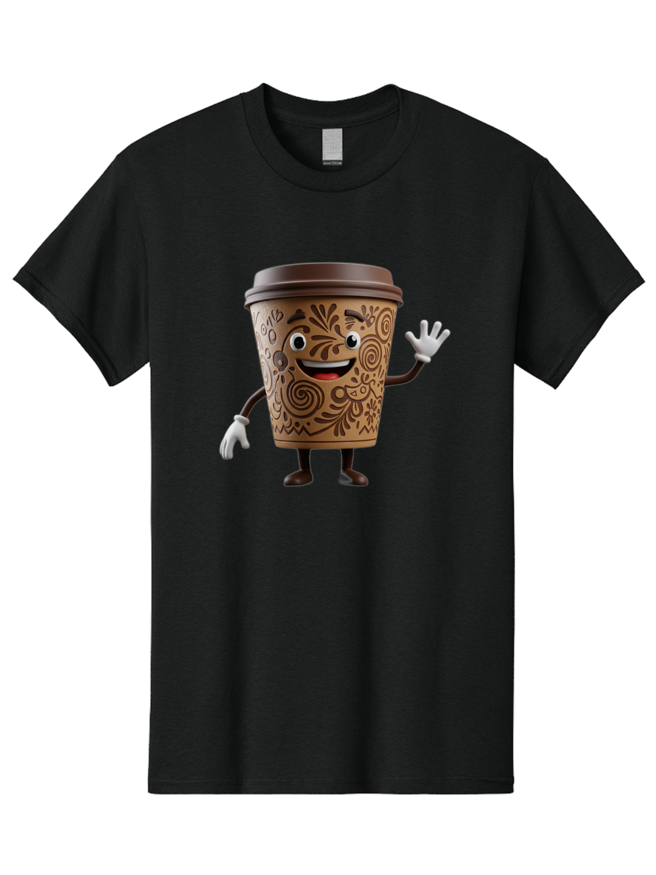 Coffee-Cup-3 Men'S Graphic Tee, 100% Cotton, Comfortable Casual Summer Wear, Machine Washable, Cartoon Coffee Cup, Anthropomorphic Design, Waving Gesture, Floral Patterns, Friendly Face, Coffee Culture, Morning Pick-Me-Up, Coffee Lover, Baa353 15