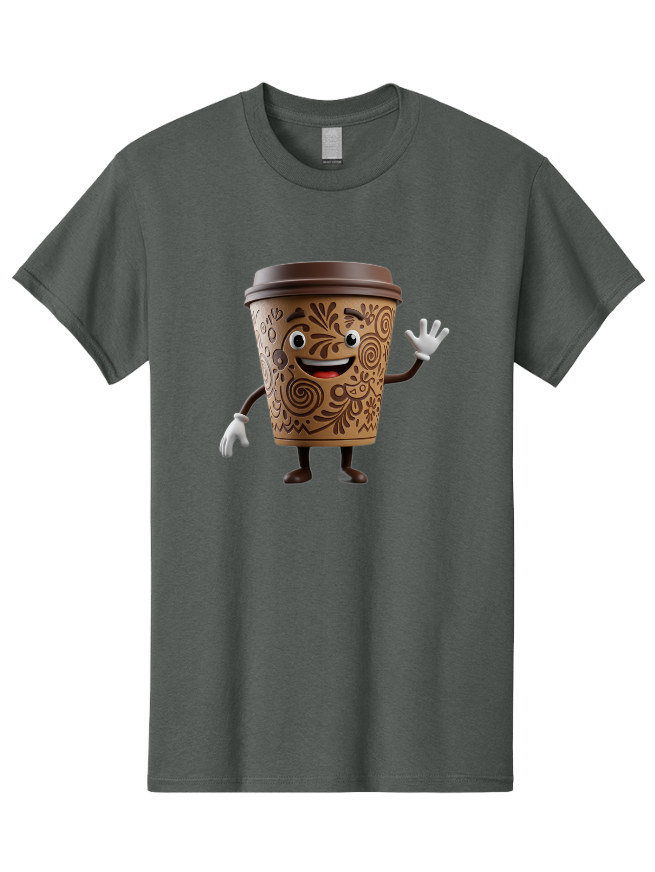 Coffee-Cup-3 Men'S Graphic Tee, 100% Cotton, Comfortable Casual Summer Wear, Machine Washable, Cartoon Coffee Cup, Anthropomorphic Design, Waving Gesture, Floral Patterns, Friendly Face, Coffee Culture, Morning Pick-Me-Up, Coffee Lover, Baa353 27
