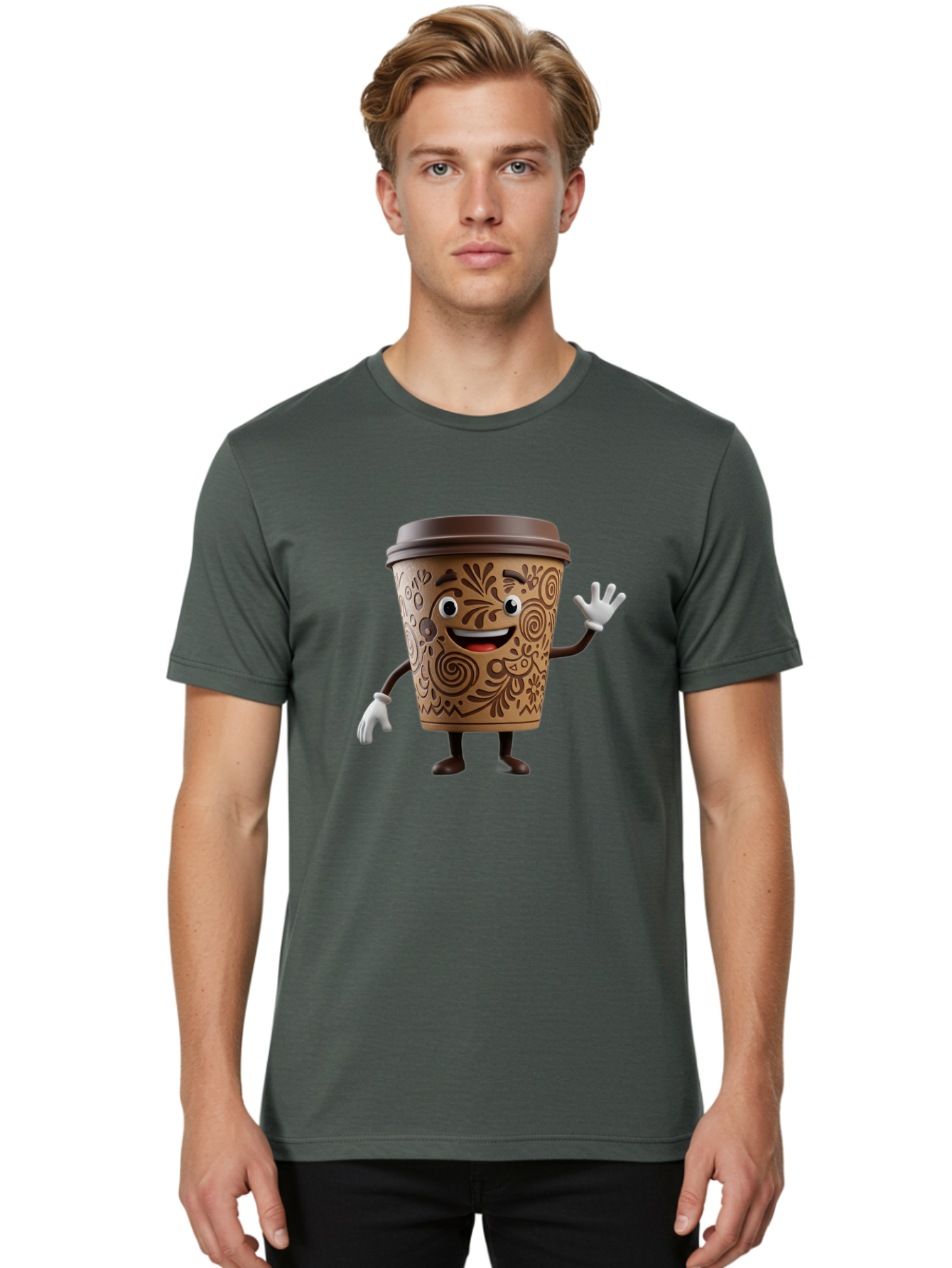 Coffee-Cup-3 Men'S Graphic Tee, 100% Cotton, Comfortable Casual Summer Wear, Machine Washable, Cartoon Coffee Cup, Anthropomorphic Design, Waving Gesture, Floral Patterns, Friendly Face, Coffee Culture, Morning Pick-Me-Up, Coffee Lover, Baa353 28