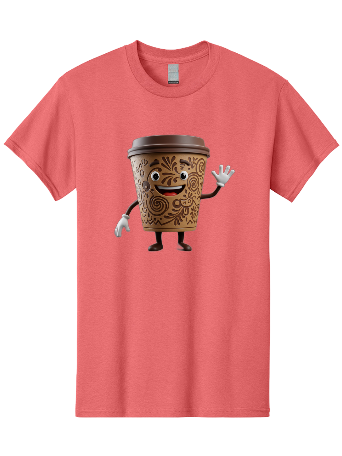 Coffee-Cup-3 Men'S Graphic Tee, 100% Cotton, Comfortable Casual Summer Wear, Machine Washable, Cartoon Coffee Cup, Anthropomorphic Design, Waving Gesture, Floral Patterns, Friendly Face, Coffee Culture, Morning Pick-Me-Up, Coffee Lover, Baa353 5