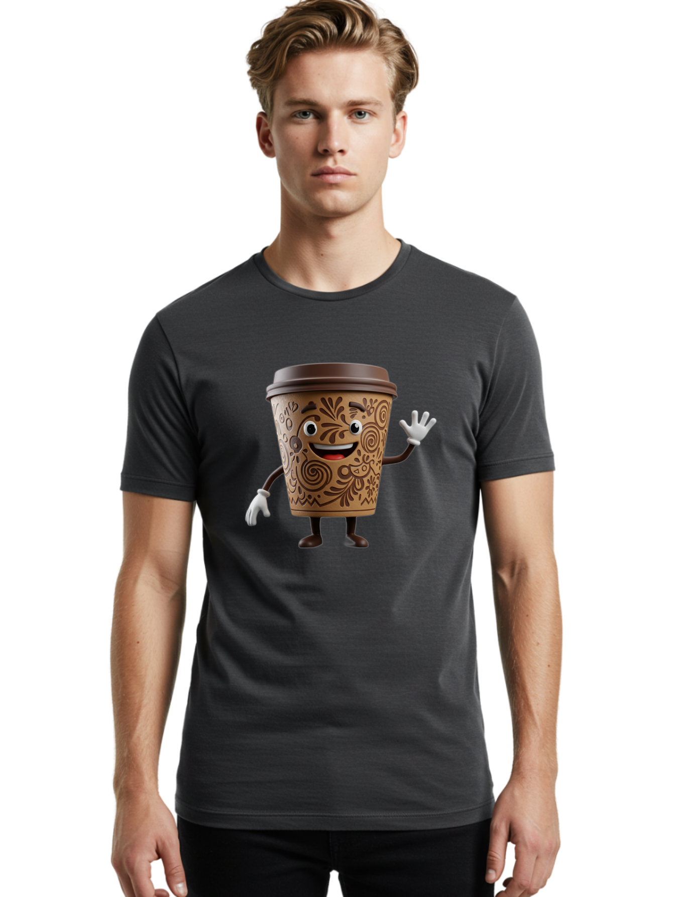 Coffee-Cup-3 Men'S Graphic Tee, 100% Cotton, Comfortable Casual Summer Wear, Machine Washable, Cartoon Coffee Cup, Anthropomorphic Design, Waving Gesture, Floral Patterns, Friendly Face, Coffee Culture, Morning Pick-Me-Up, Coffee Lover, Baa353 14