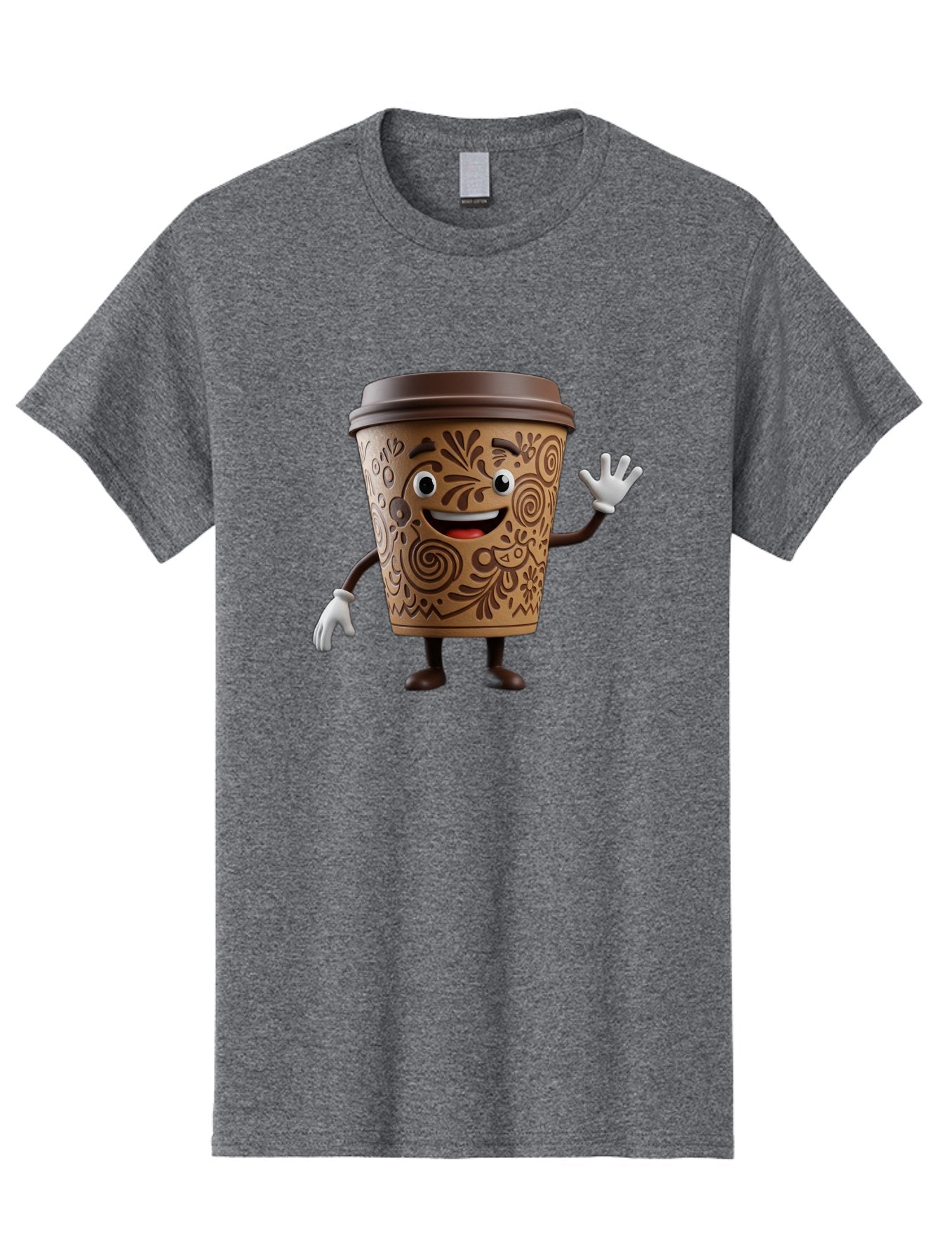 Coffee-Cup-3 Men'S Graphic Tee, 100% Cotton, Comfortable Casual Summer Wear, Machine Washable, Cartoon Coffee Cup, Anthropomorphic Design, Waving Gesture, Floral Patterns, Friendly Face, Coffee Culture, Morning Pick-Me-Up, Coffee Lover, Baa353
