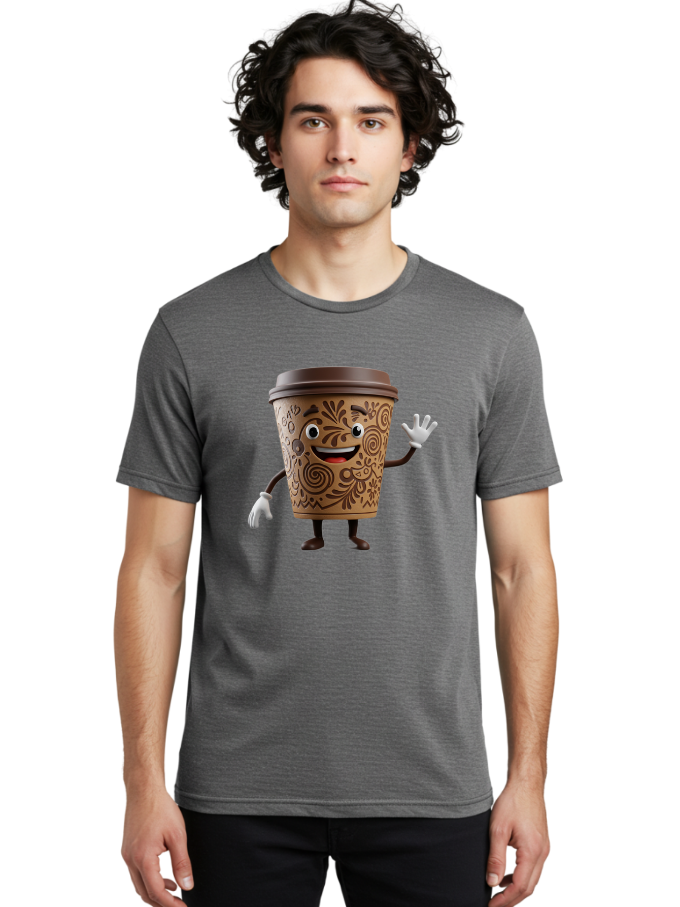 Coffee-Cup-3 Men'S Graphic Tee, 100% Cotton, Comfortable Casual Summer Wear, Machine Washable, Cartoon Coffee Cup, Anthropomorphic Design, Waving Gesture, Floral Patterns, Friendly Face, Coffee Culture, Morning Pick-Me-Up, Coffee Lover, Baa353 22