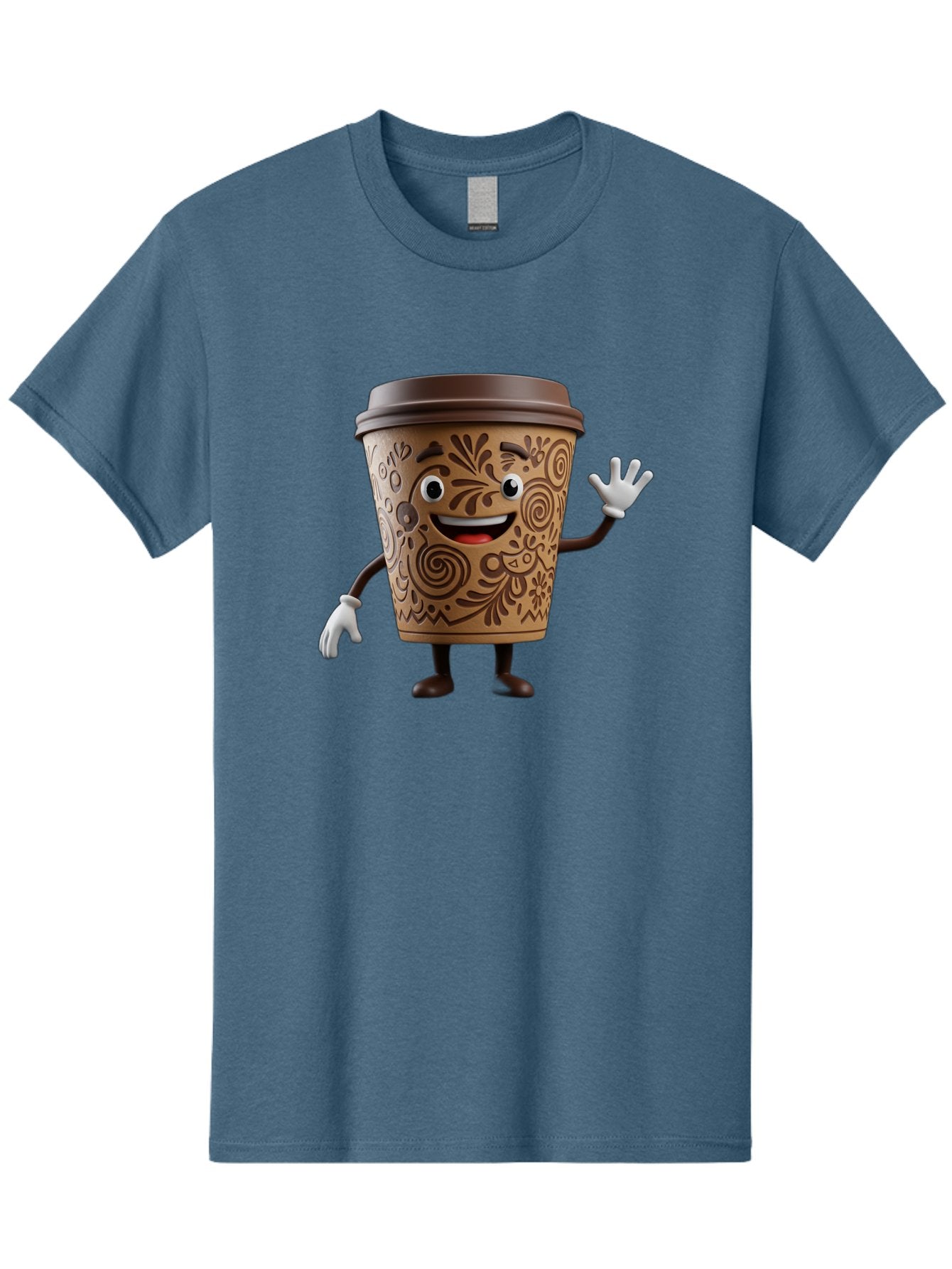 Coffee-Cup-3 Men'S Graphic Tee, 100% Cotton, Comfortable Casual Summer Wear, Machine Washable, Cartoon Coffee Cup, Anthropomorphic Design, Waving Gesture, Floral Patterns, Friendly Face, Coffee Culture, Morning Pick-Me-Up, Coffee Lover, Baa353 13