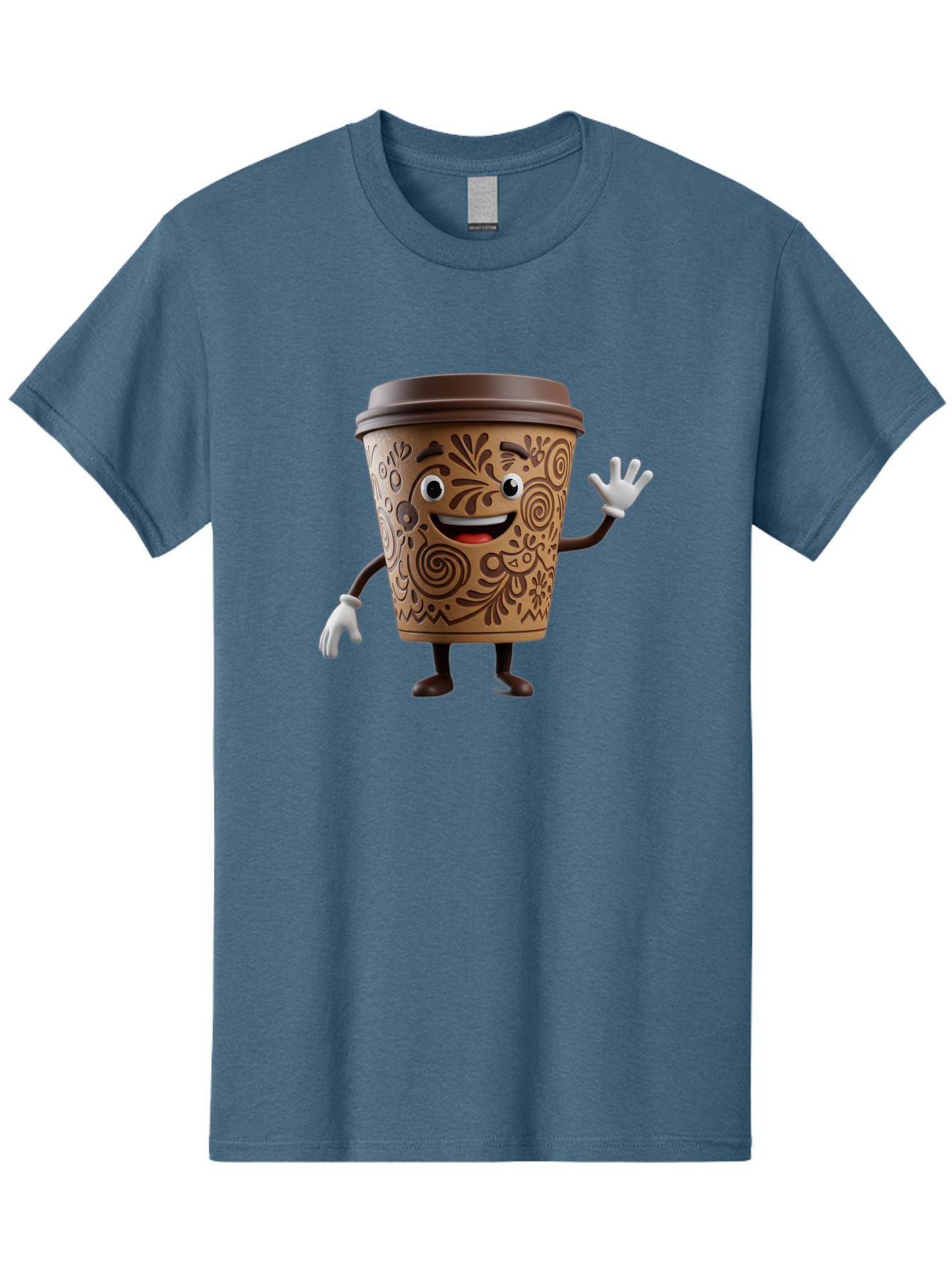 Coffee-Cup-3 Men'S Graphic Tee, 100% Cotton, Comfortable Casual Summer Wear, Machine Washable, Cartoon Coffee Cup, Anthropomorphic Design, Waving Gesture, Floral Patterns, Friendly Face, Coffee Culture, Morning Pick-Me-Up, Coffee Lover, Baa353 29