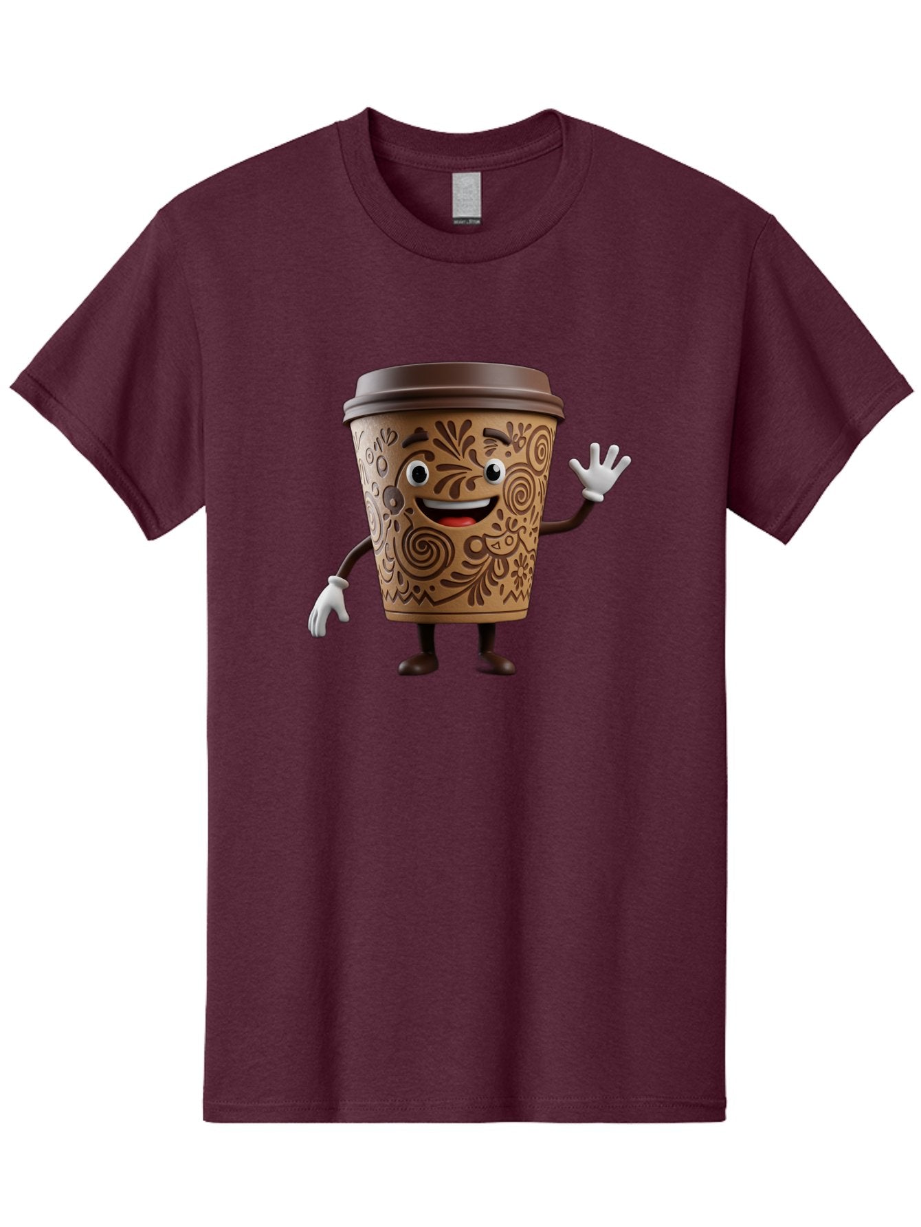 Coffee-Cup-3 Men'S Graphic Tee, 100% Cotton, Comfortable Casual Summer Wear, Machine Washable, Cartoon Coffee Cup, Anthropomorphic Design, Waving Gesture, Floral Patterns, Friendly Face, Coffee Culture, Morning Pick-Me-Up, Coffee Lover, Baa353 4