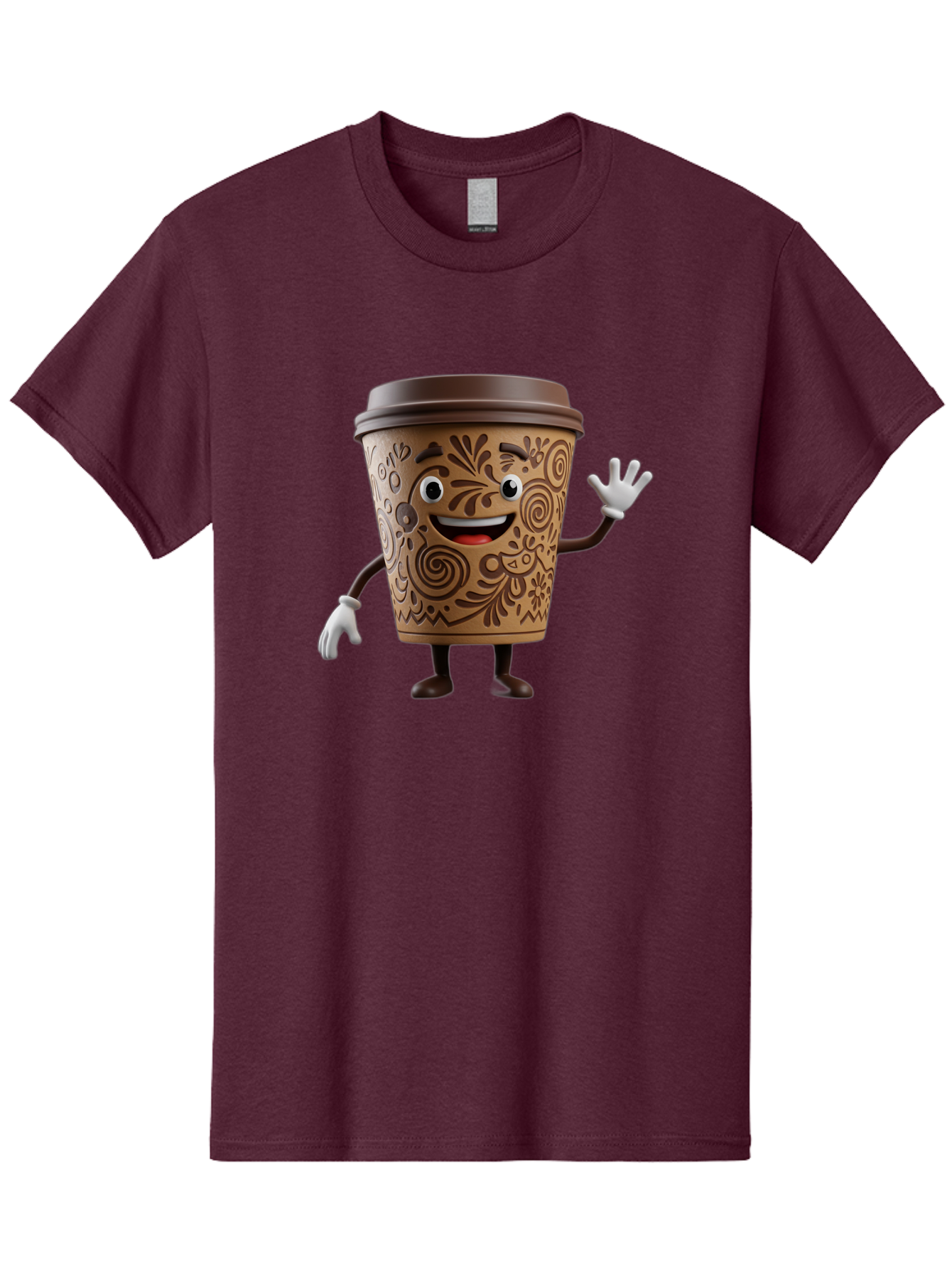 Coffee-Cup-3 Men'S Graphic Tee, 100% Cotton, Comfortable Casual Summer Wear, Machine Washable, Cartoon Coffee Cup, Anthropomorphic Design, Waving Gesture, Floral Patterns, Friendly Face, Coffee Culture, Morning Pick-Me-Up, Coffee Lover, Baa353 23