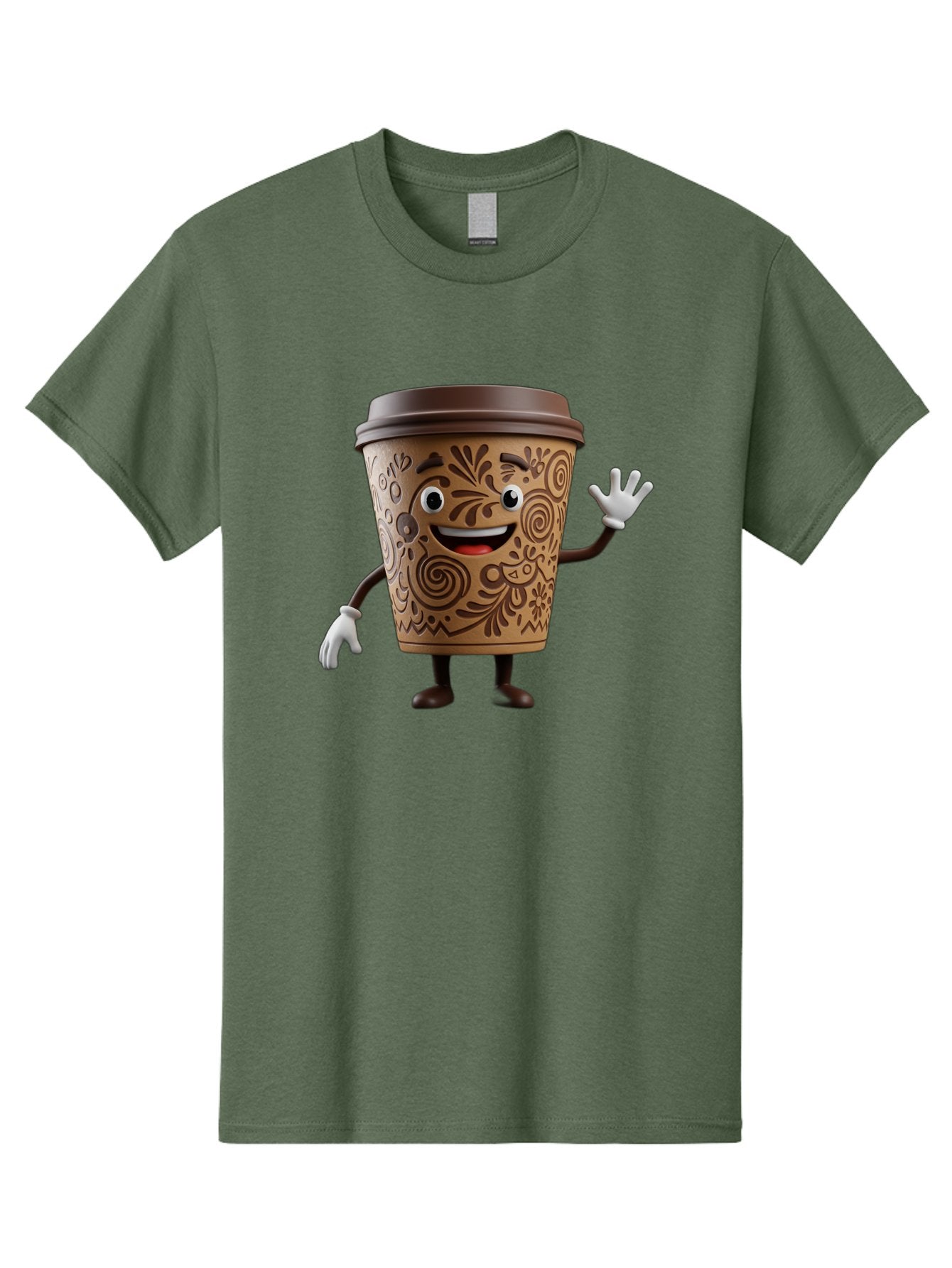 Coffee-Cup-3 Men'S Graphic Tee, 100% Cotton, Comfortable Casual Summer Wear, Machine Washable, Cartoon Coffee Cup, Anthropomorphic Design, Waving Gesture, Floral Patterns, Friendly Face, Coffee Culture, Morning Pick-Me-Up, Coffee Lover, Baa353 11