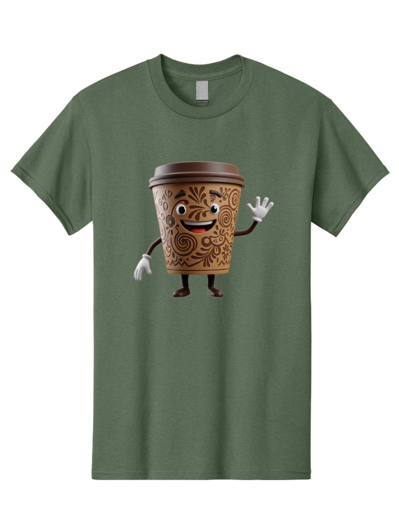 Coffee-Cup-3 Men'S Graphic Tee, 100% Cotton, Comfortable Casual Summer Wear, Machine Washable, Cartoon Coffee Cup, Anthropomorphic Design, Waving Gesture, Floral Patterns, Friendly Face, Coffee Culture, Morning Pick-Me-Up, Coffee Lover, Baa353 7