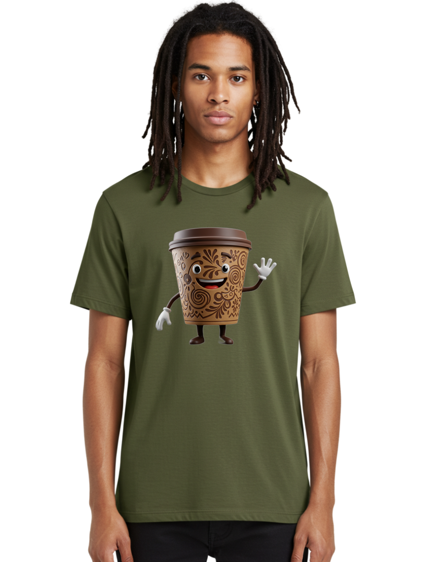 Coffee-Cup-3 Men'S Graphic Tee, 100% Cotton, Comfortable Casual Summer Wear, Machine Washable, Cartoon Coffee Cup, Anthropomorphic Design, Waving Gesture, Floral Patterns, Friendly Face, Coffee Culture, Morning Pick-Me-Up, Coffee Lover, Baa353 8