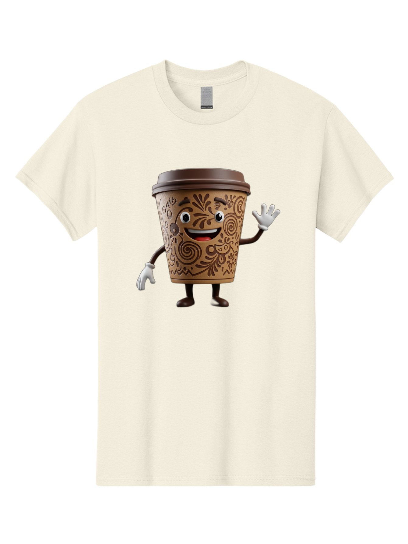 Coffee-Cup-3 Men'S Graphic Tee, 100% Cotton, Comfortable Casual Summer Wear, Machine Washable, Cartoon Coffee Cup, Anthropomorphic Design, Waving Gesture, Floral Patterns, Friendly Face, Coffee Culture, Morning Pick-Me-Up, Coffee Lover, Baa353 15