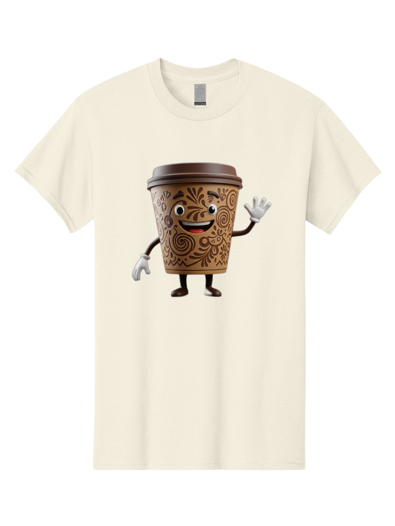 Coffee-Cup-3 Men'S Graphic Tee, 100% Cotton, Comfortable Casual Summer Wear, Machine Washable, Cartoon Coffee Cup, Anthropomorphic Design, Waving Gesture, Floral Patterns, Friendly Face, Coffee Culture, Morning Pick-Me-Up, Coffee Lover, Baa353