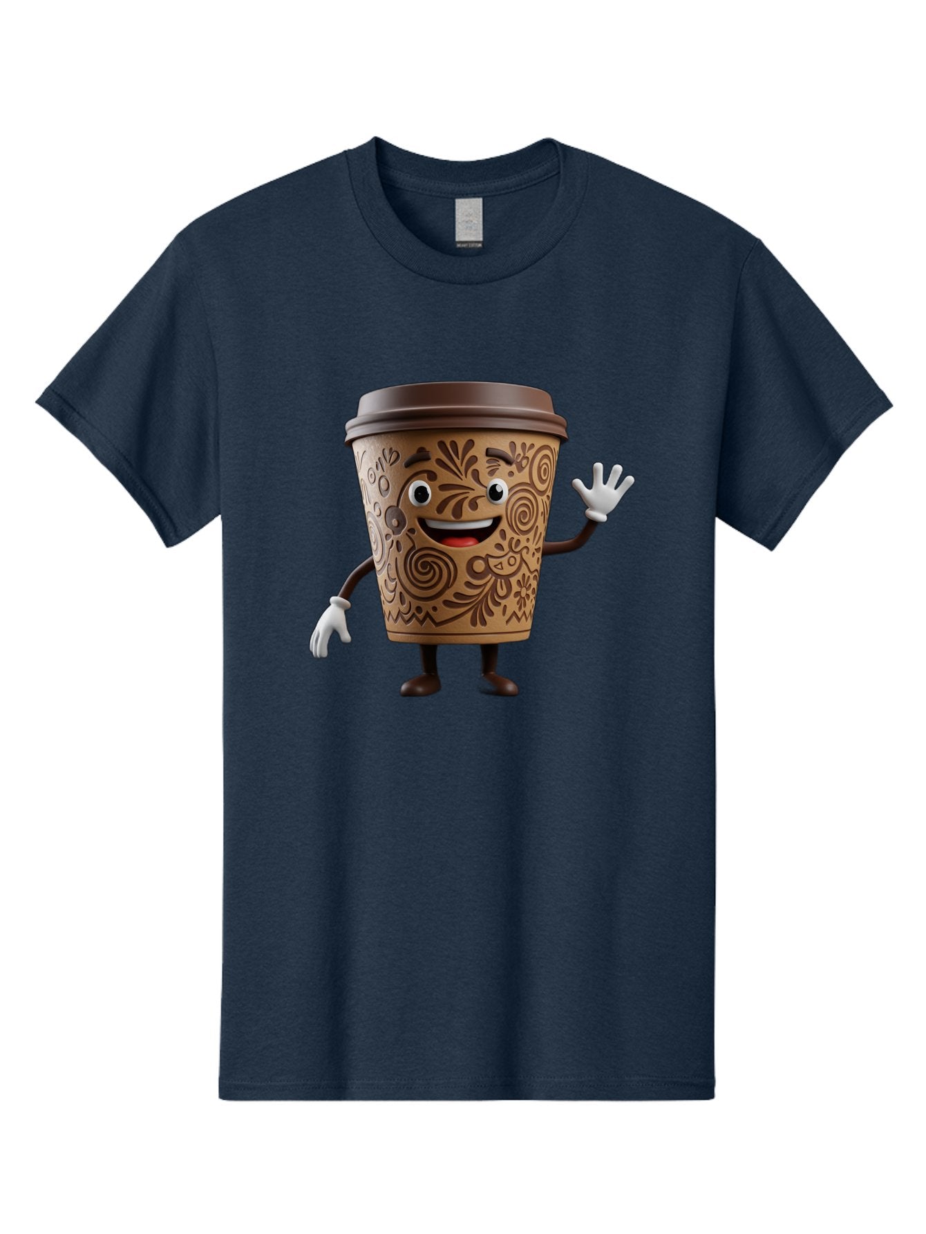 Coffee-Cup-3 Men'S Graphic Tee, 100% Cotton, Comfortable Casual Summer Wear, Machine Washable, Cartoon Coffee Cup, Anthropomorphic Design, Waving Gesture, Floral Patterns, Friendly Face, Coffee Culture, Morning Pick-Me-Up, Coffee Lover, Baa353 3