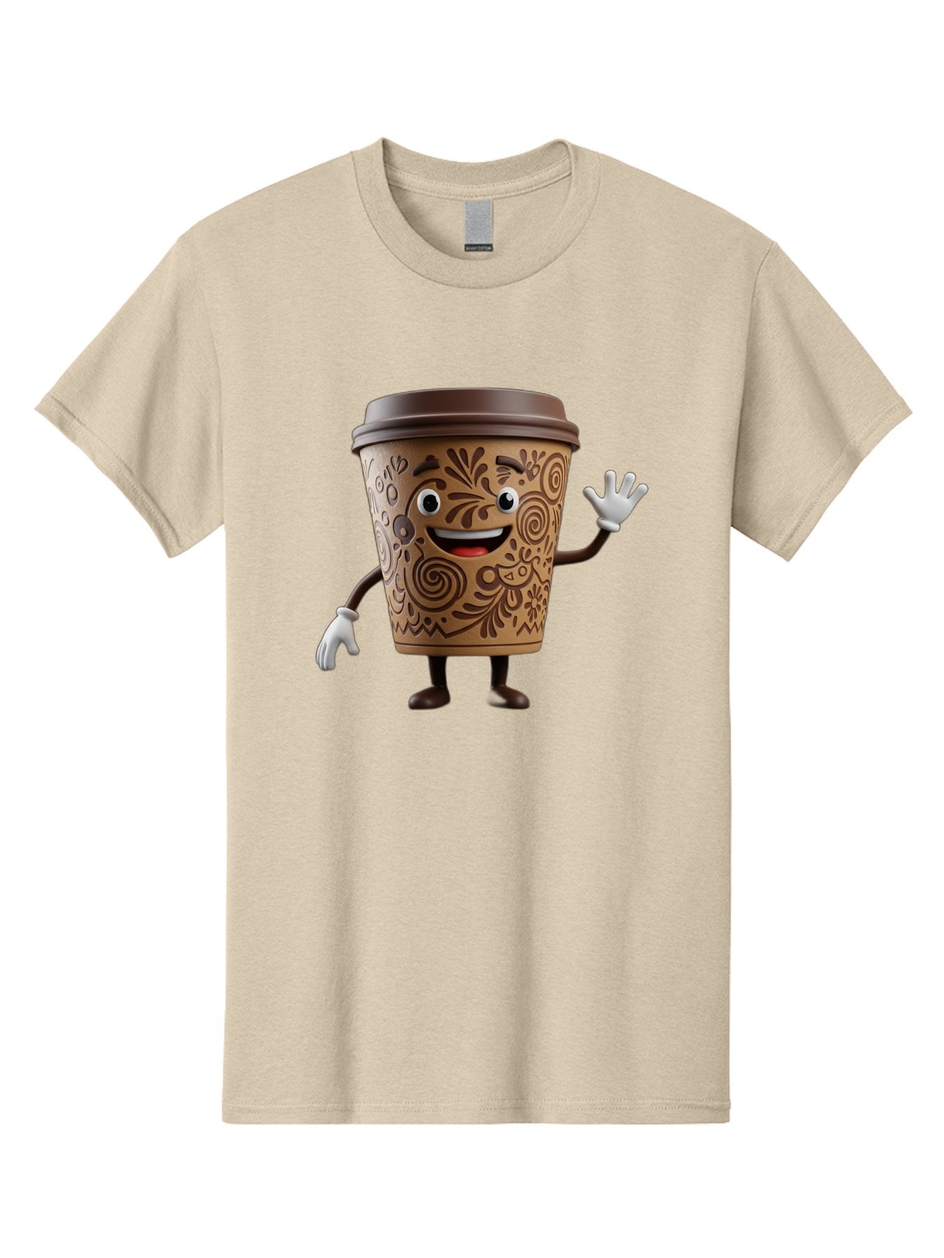 Coffee-Cup-3 Men'S Graphic Tee, 100% Cotton, Comfortable Casual Summer Wear, Machine Washable, Cartoon Coffee Cup, Anthropomorphic Design, Waving Gesture, Floral Patterns, Friendly Face, Coffee Culture, Morning Pick-Me-Up, Coffee Lover, Baa353 8