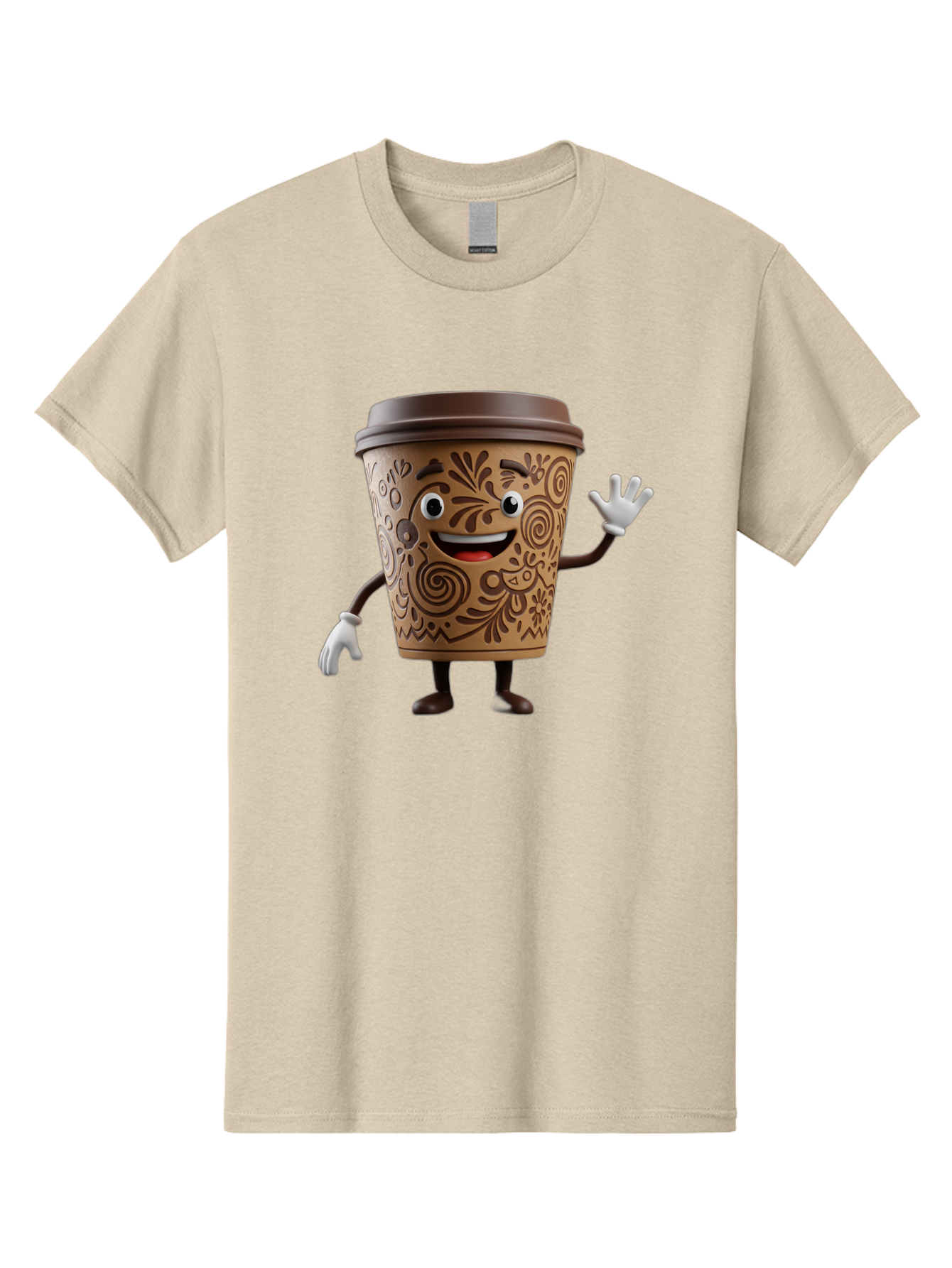 Coffee-Cup-3 Men'S Graphic Tee, 100% Cotton, Comfortable Casual Summer Wear, Machine Washable, Cartoon Coffee Cup, Anthropomorphic Design, Waving Gesture, Floral Patterns, Friendly Face, Coffee Culture, Morning Pick-Me-Up, Coffee Lover, Baa353 11