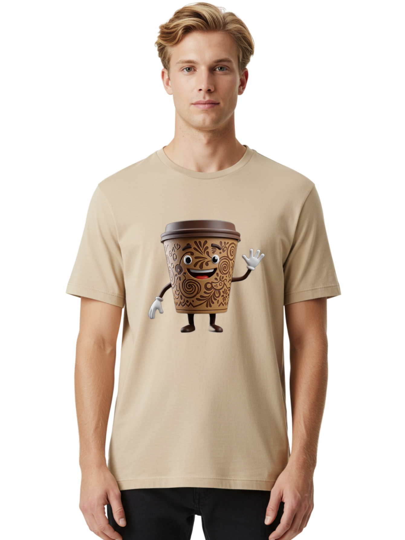Coffee-Cup-3 Men'S Graphic Tee, 100% Cotton, Comfortable Casual Summer Wear, Machine Washable, Cartoon Coffee Cup, Anthropomorphic Design, Waving Gesture, Floral Patterns, Friendly Face, Coffee Culture, Morning Pick-Me-Up, Coffee Lover, Baa353 12