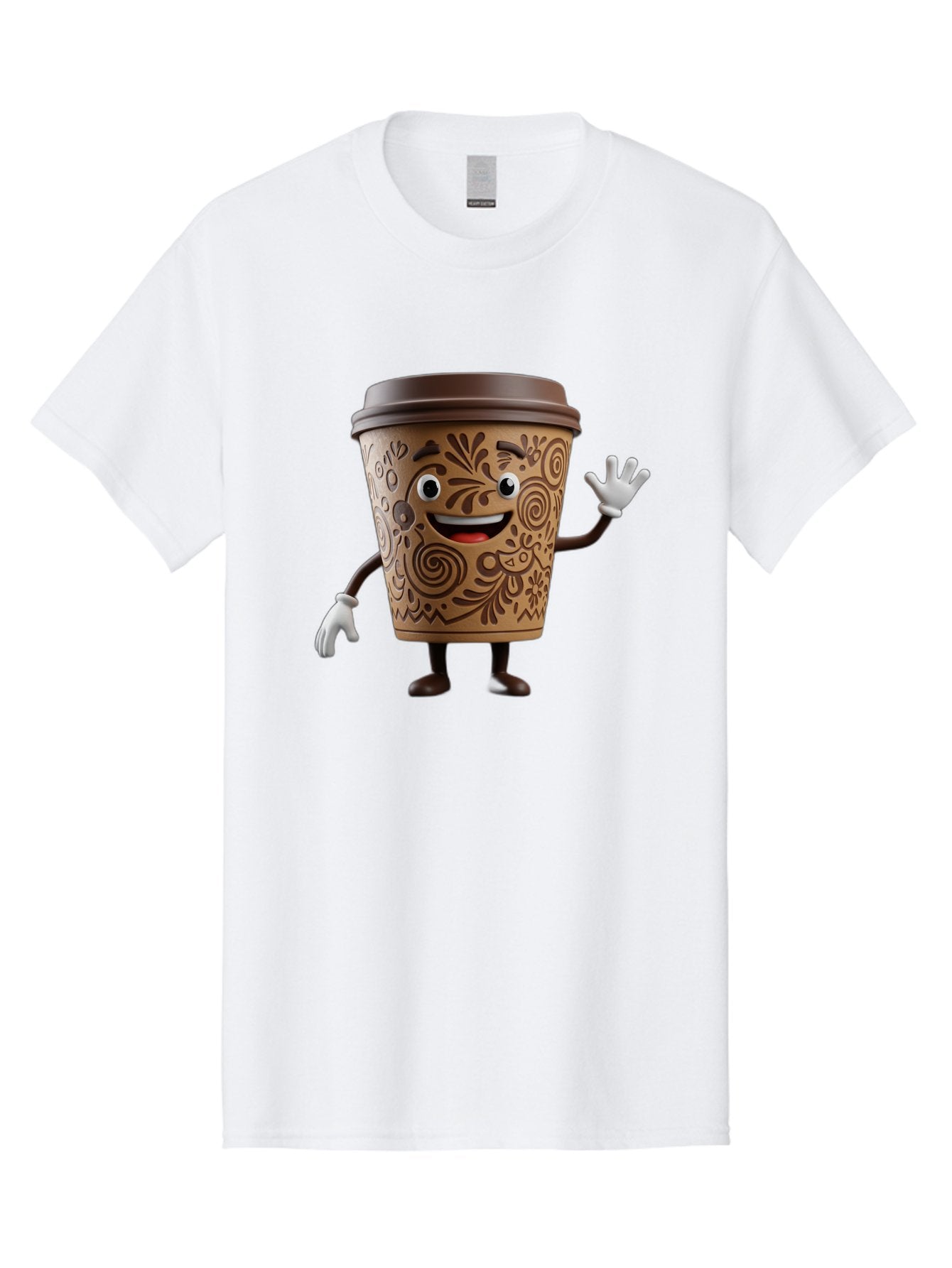 Coffee-Cup-3 Men'S Graphic Tee, 100% Cotton, Comfortable Casual Summer Wear, Machine Washable, Cartoon Coffee Cup, Anthropomorphic Design, Waving Gesture, Floral Patterns, Friendly Face, Coffee Culture, Morning Pick-Me-Up, Coffee Lover, Baa353